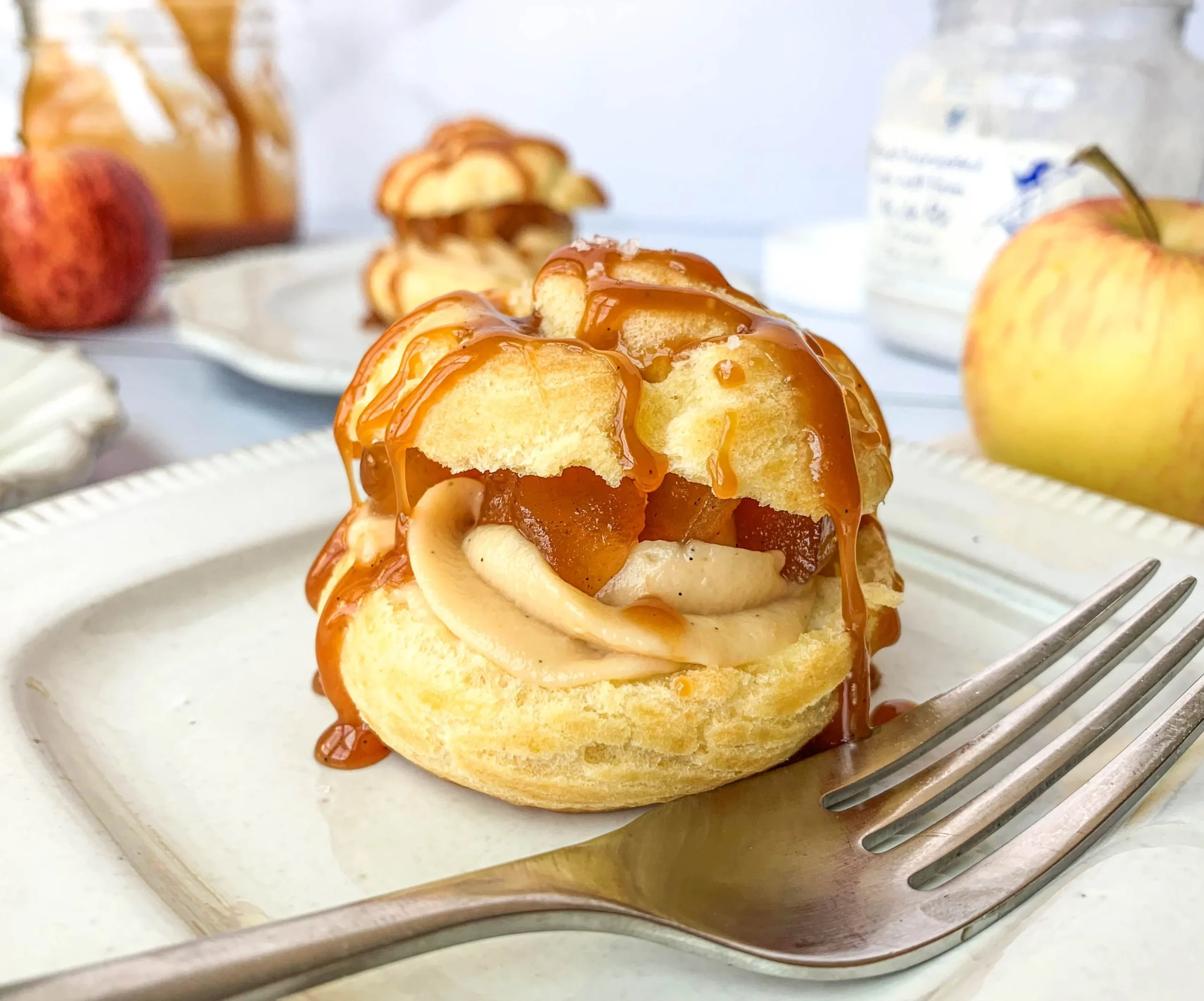 Apple Puffs with Fresh Cream and Warm Caramel Sauce