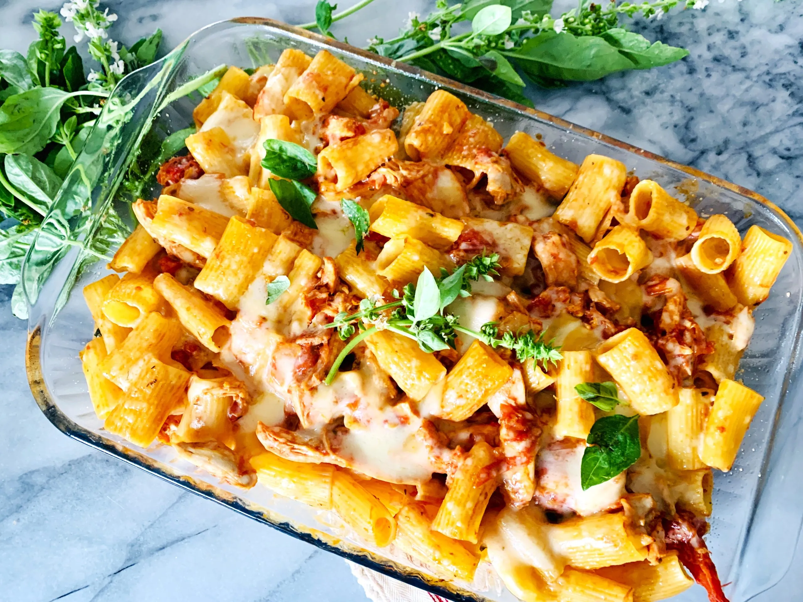 Baked Chicken Rigatoni and a Roasted Poblano Bechamel