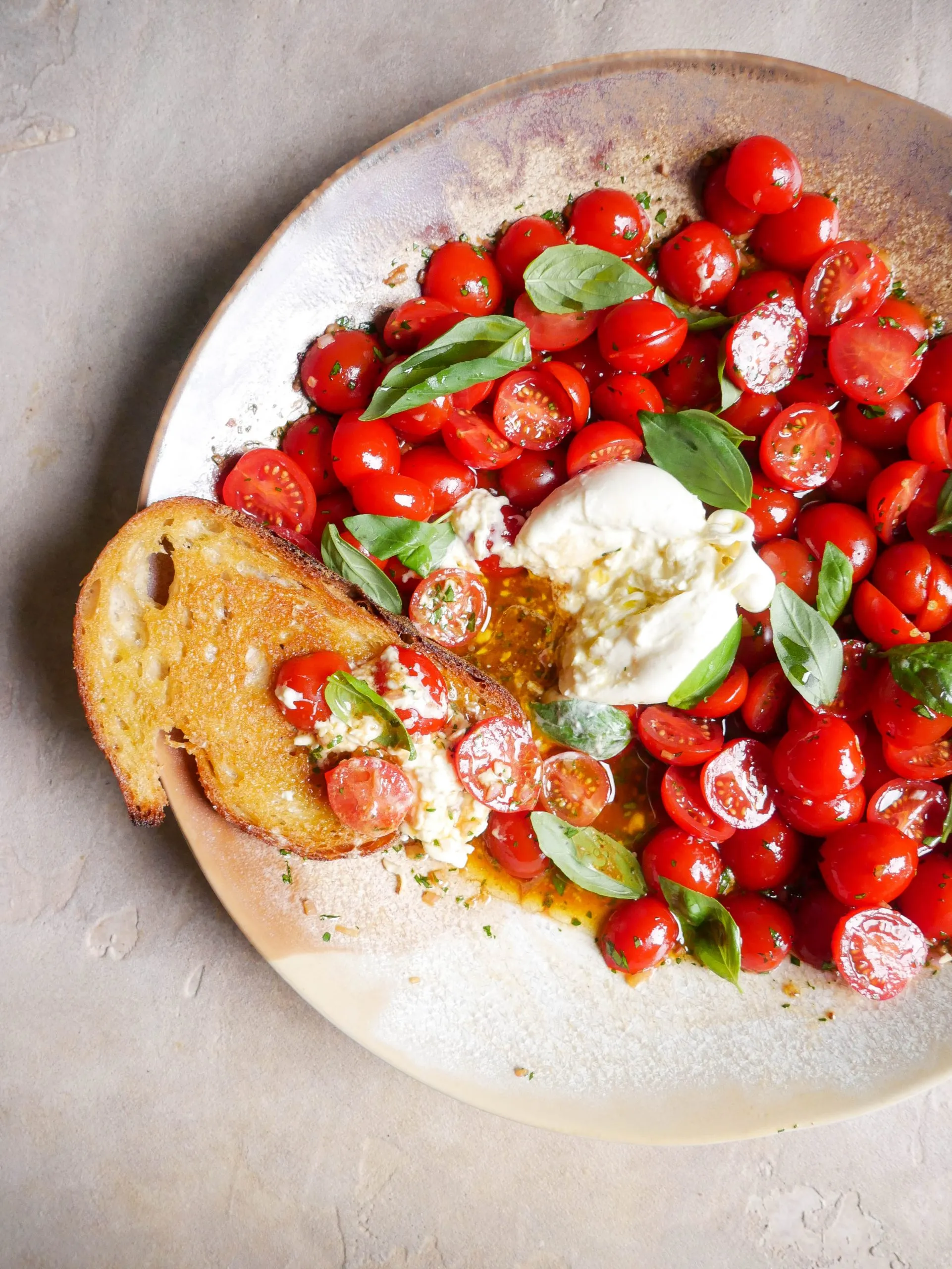 Basil Marinated Roasted Red Peppers with Beefsteak Tomato and Burrata