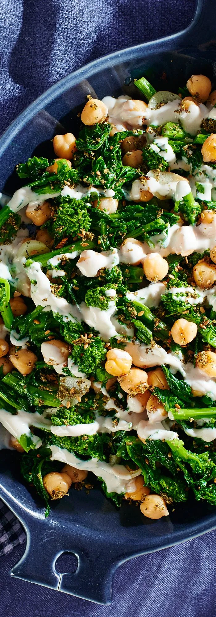 Braised Broccoli Rabe with Chickpeas, Zaatar, and Tahini Drizzle