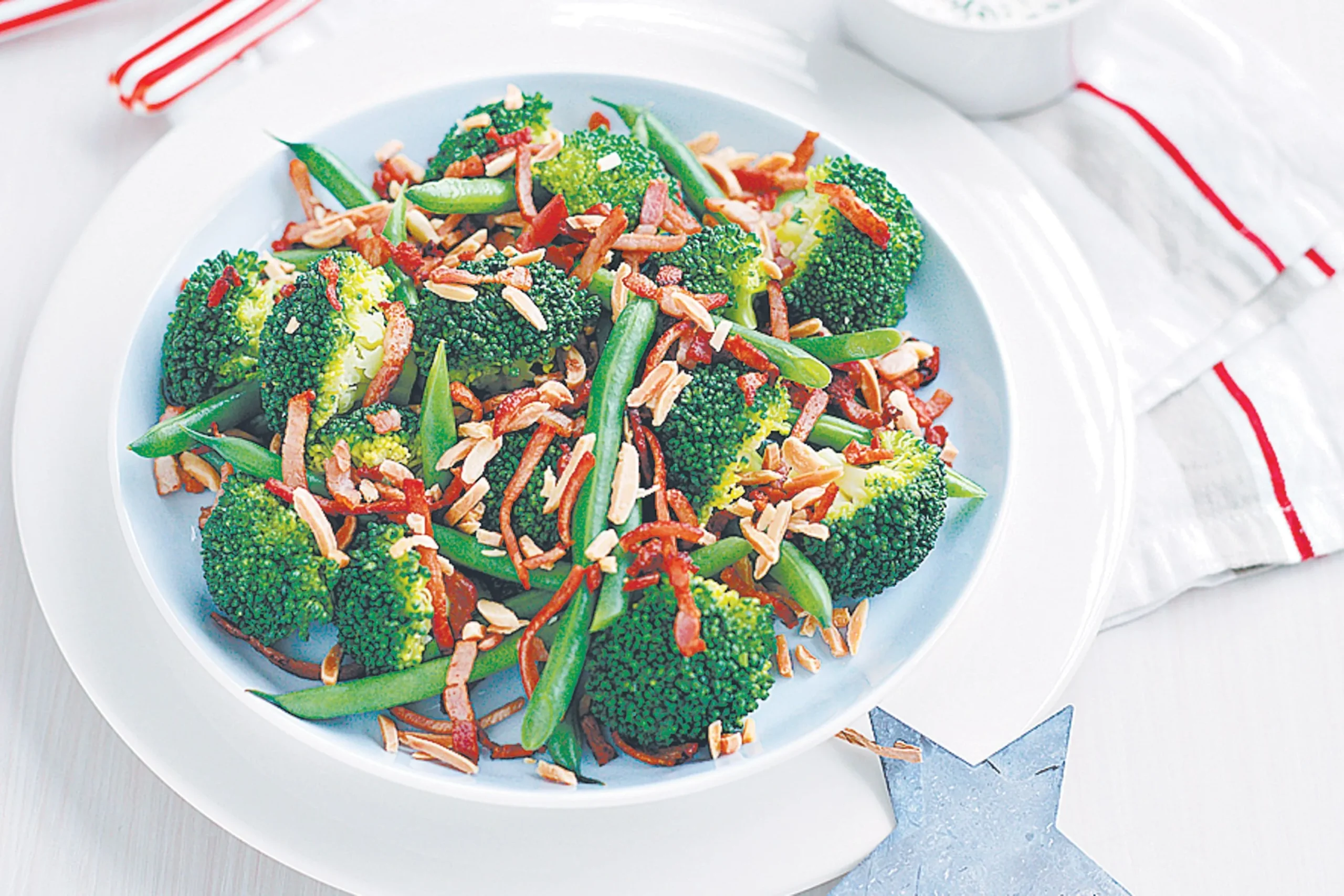 Broccoli Green Bean Bacon and Almond Salad