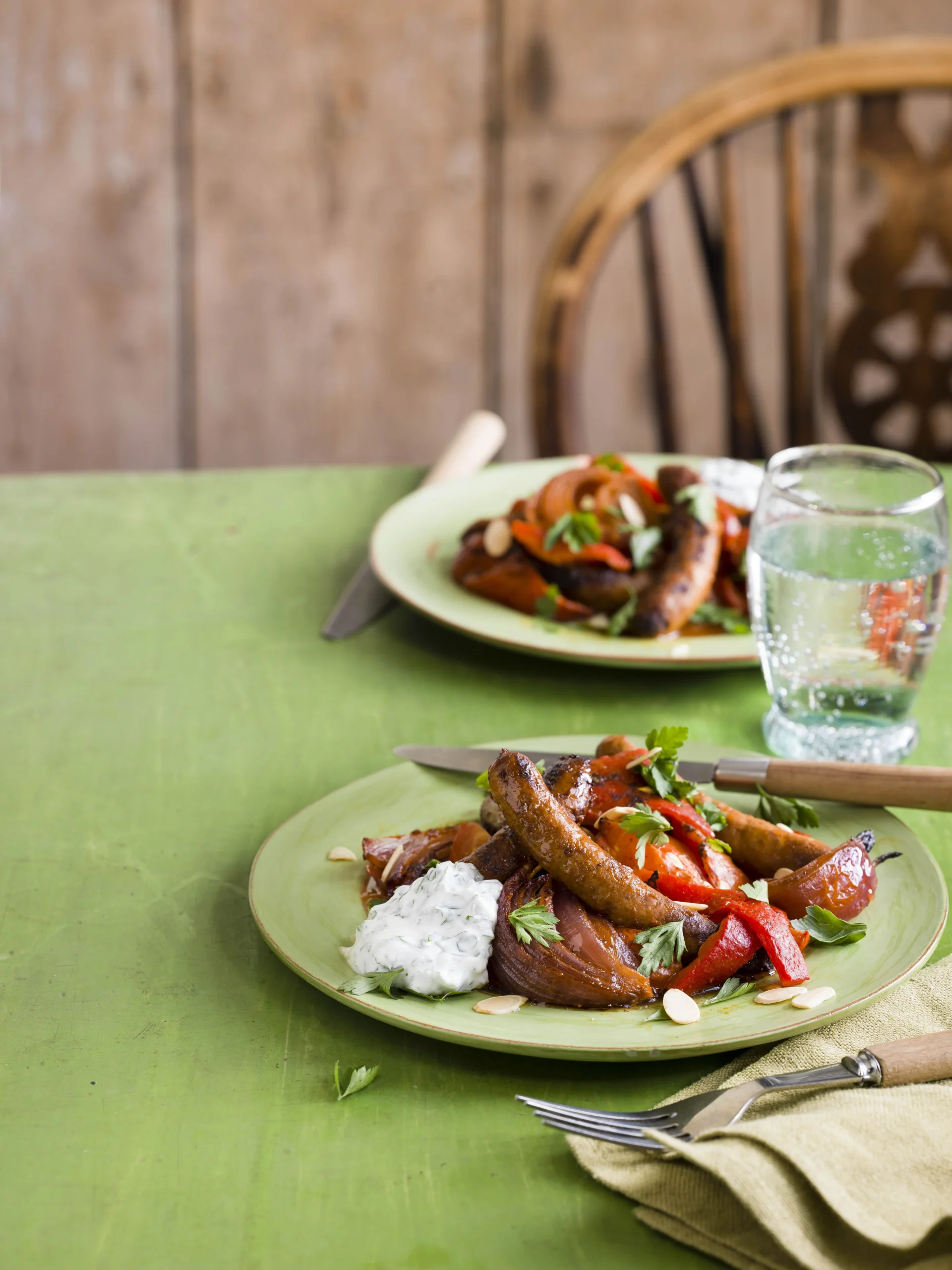 Broiled Merguez Sausage and Peppers with Tomato Bulgur
