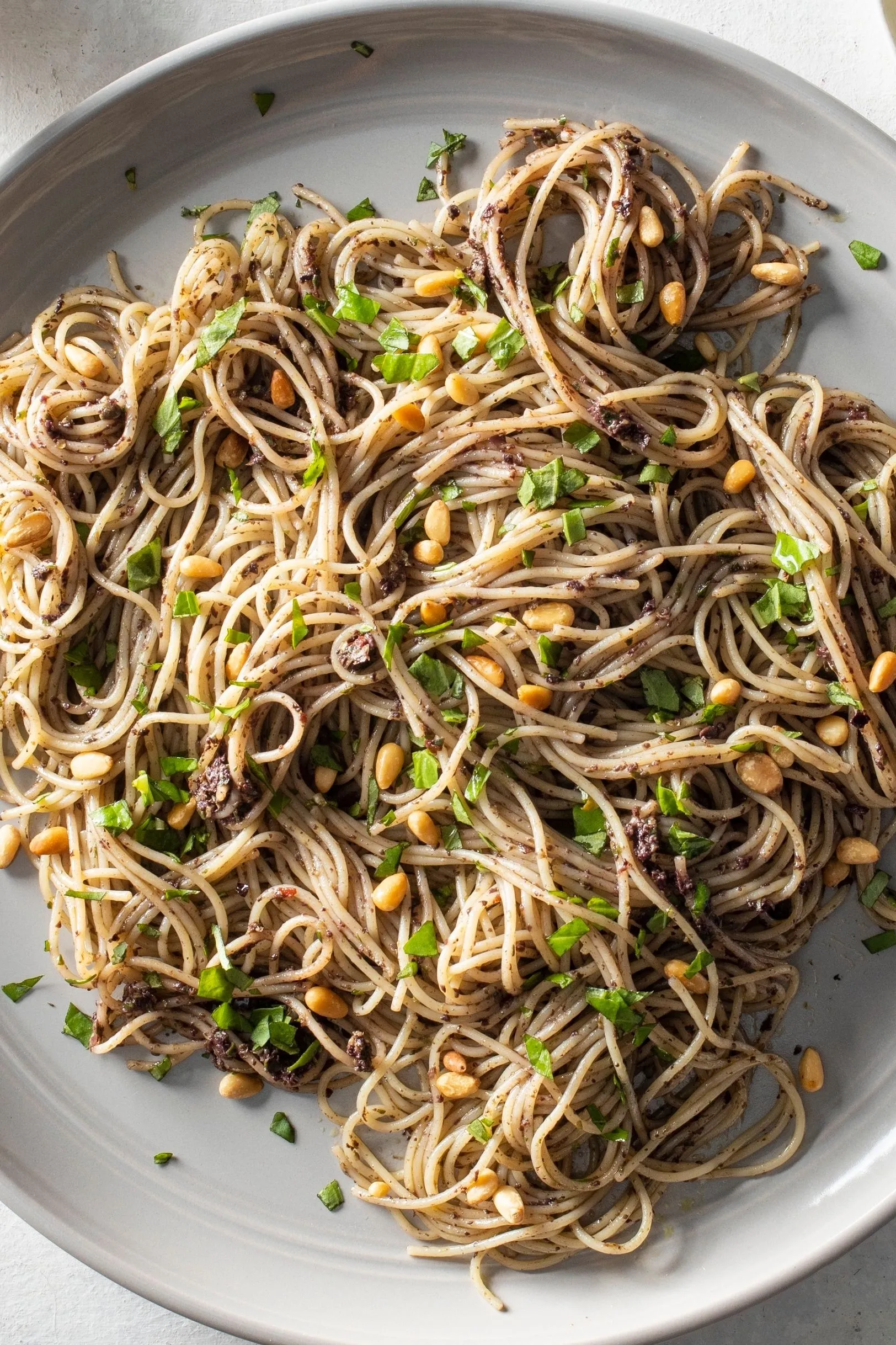 Broth Cooked Pasta Tossed with Olives and Parsley