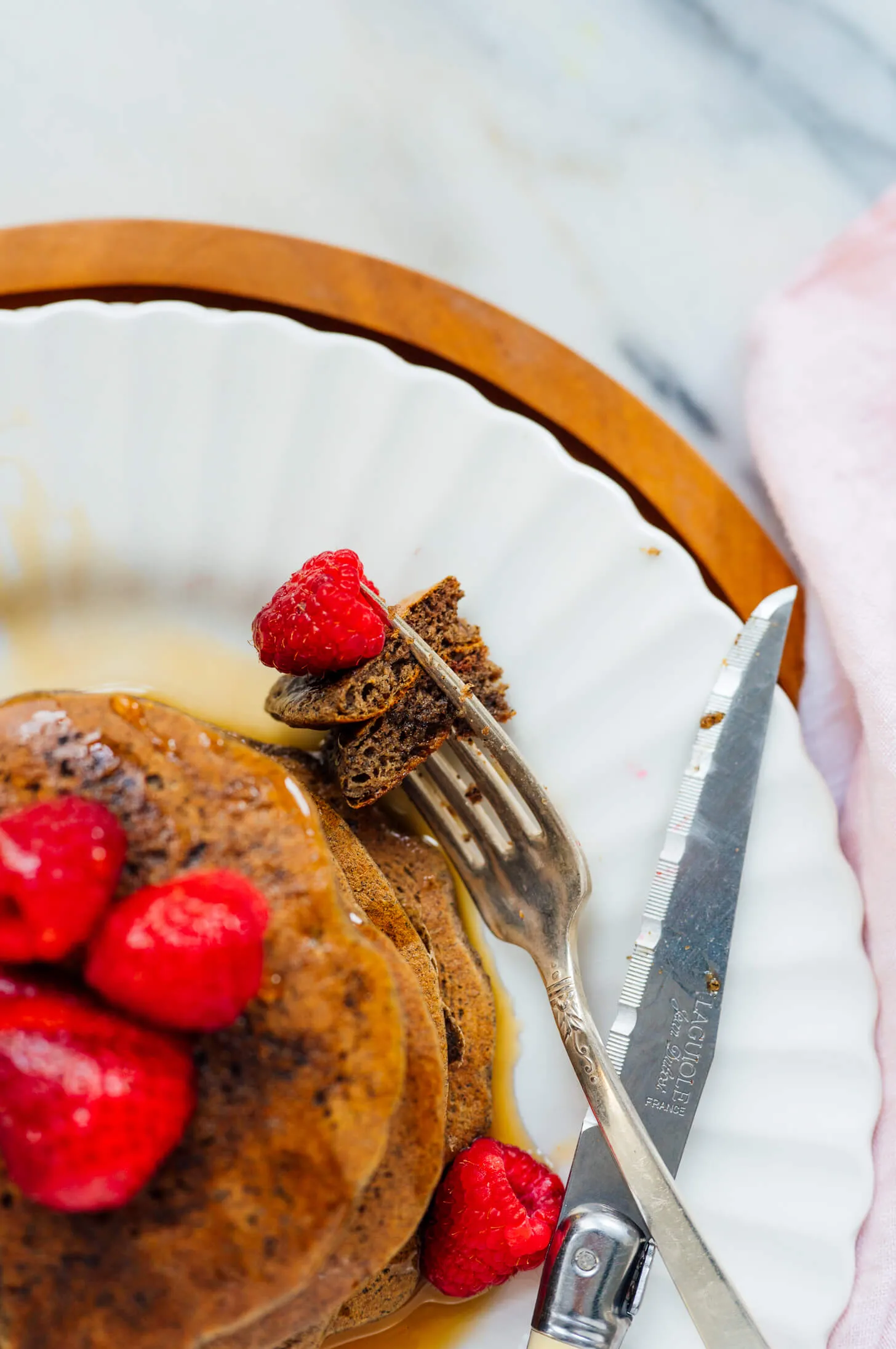 Buckwheat Pancakes with Almonds and Honey Roasted Peaches