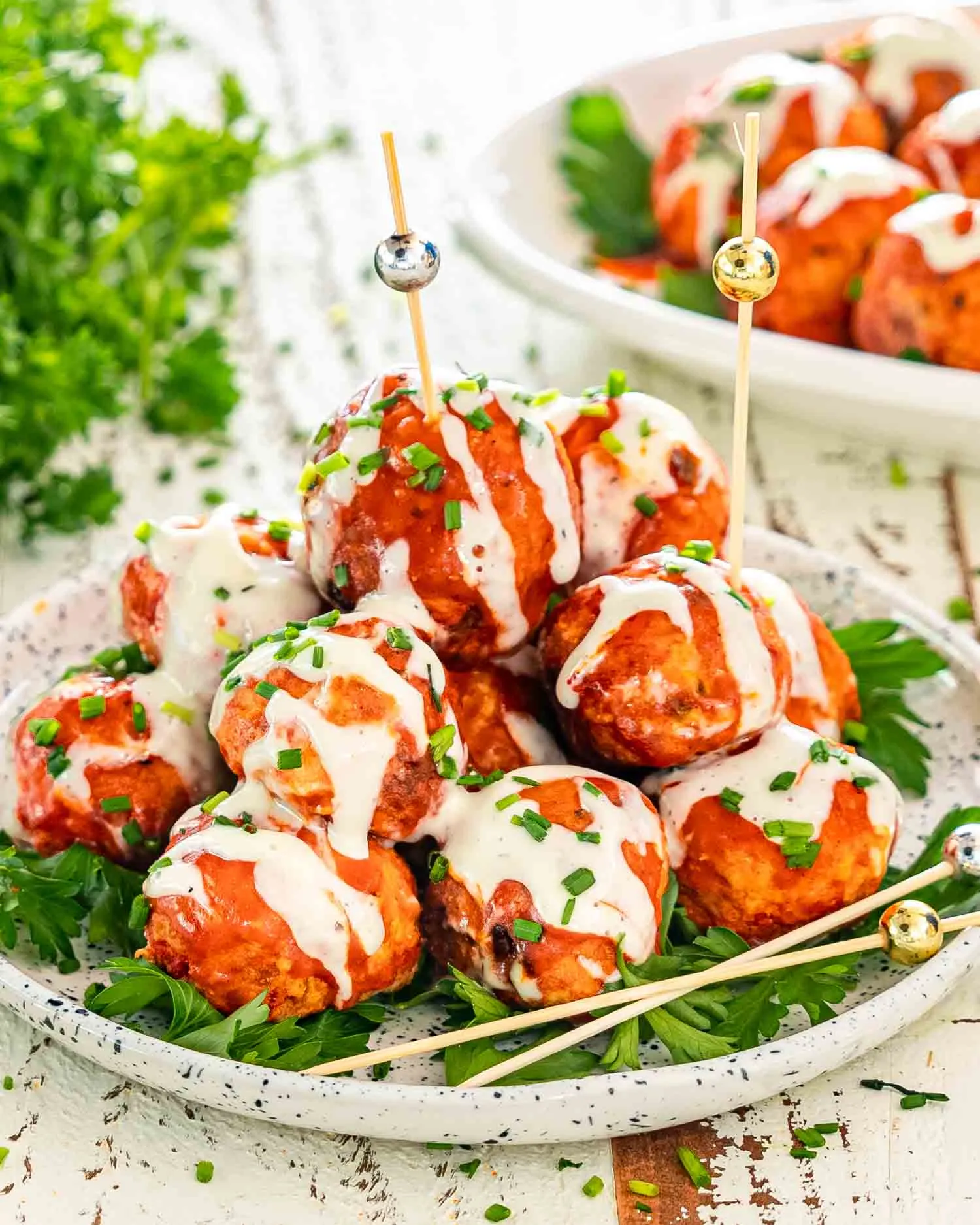 Buffalo Chicken Meatballs with Blue Cheese Polenta