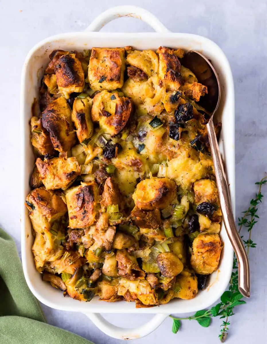 Challah Stuffing with Turkey Sausage, Leeks, and Cherries