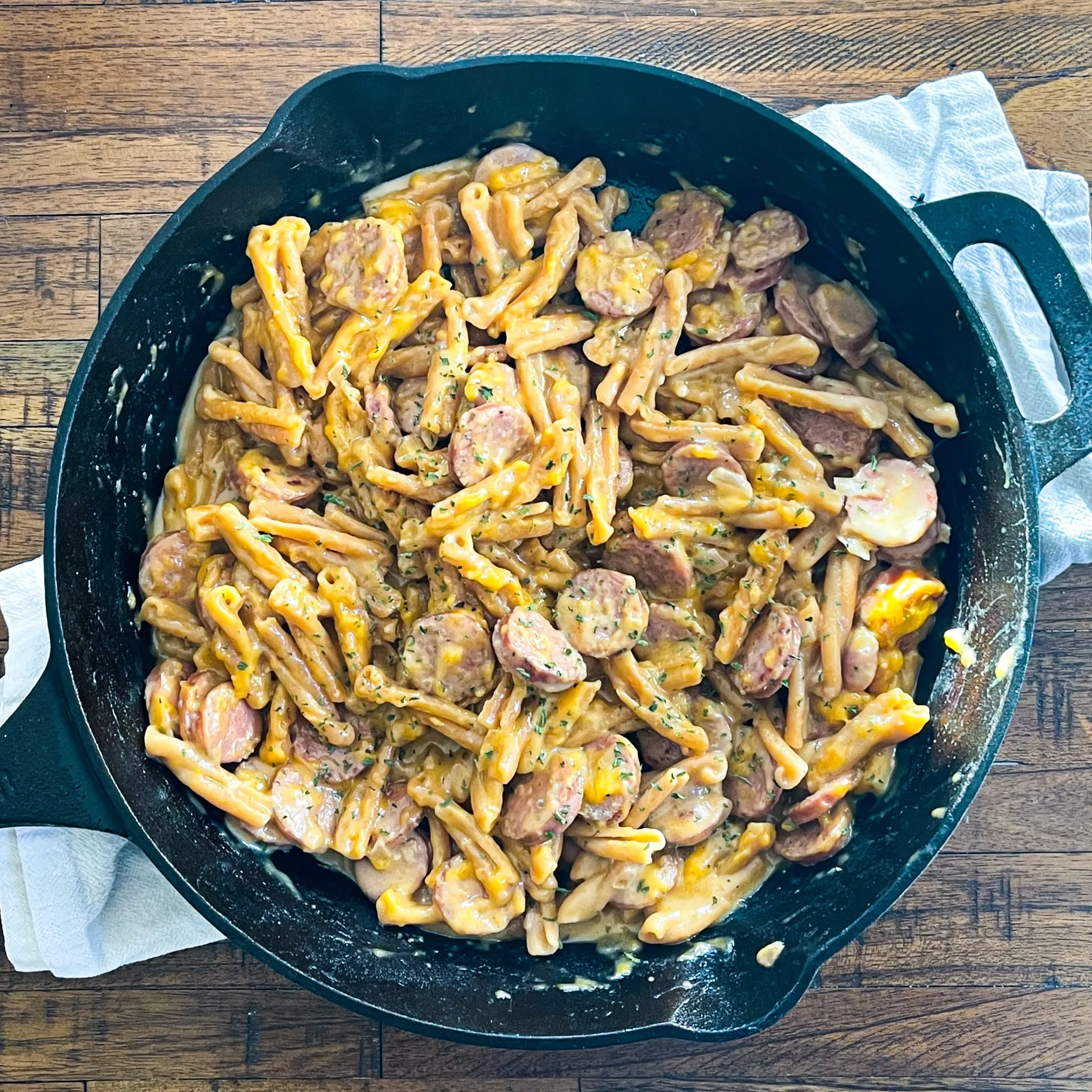 Cheesy Chicken Sausage Pasta Skillet