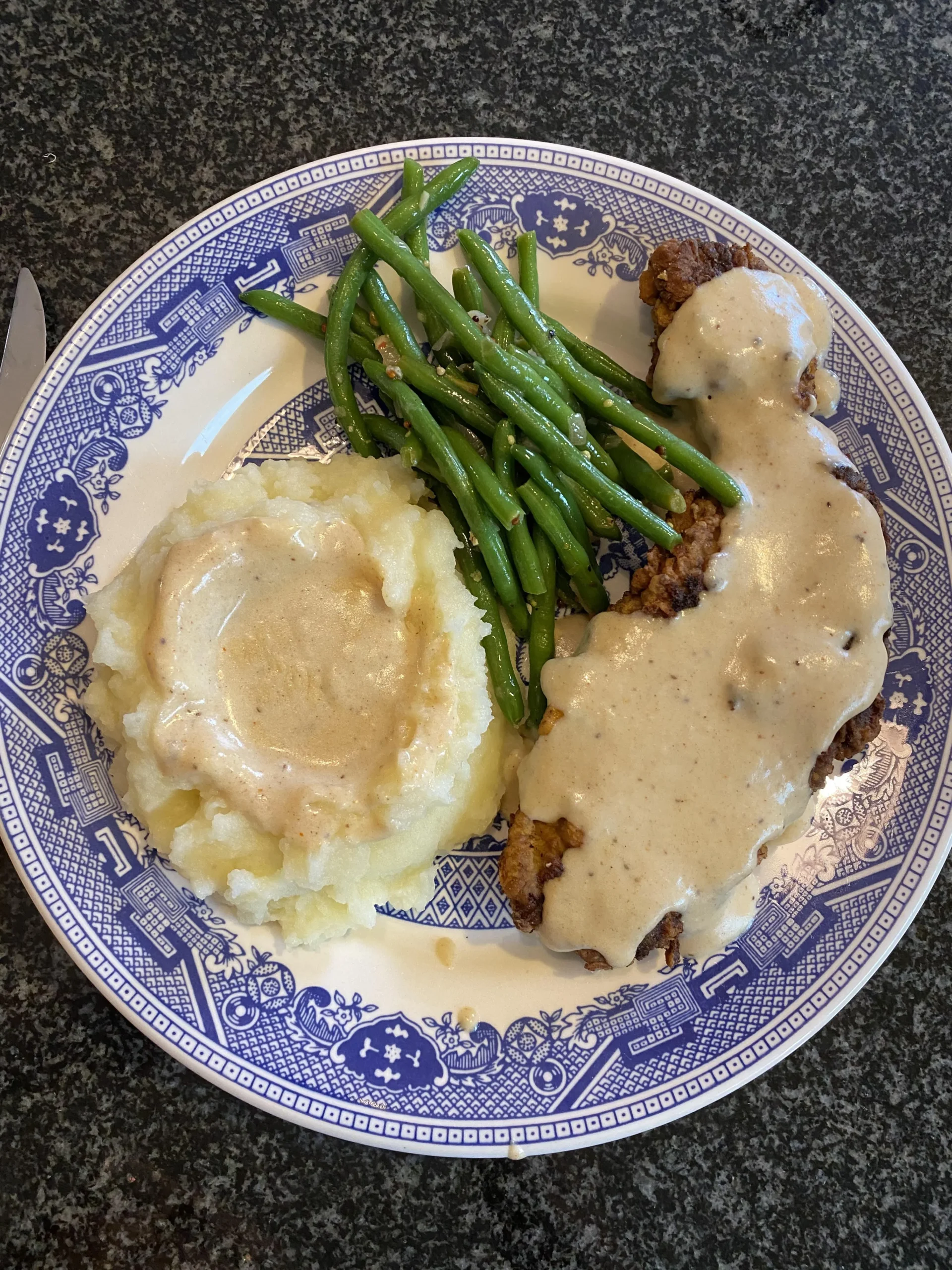 Chicken Fried Steak with Mashed Potatoes, Gravy, and Peas