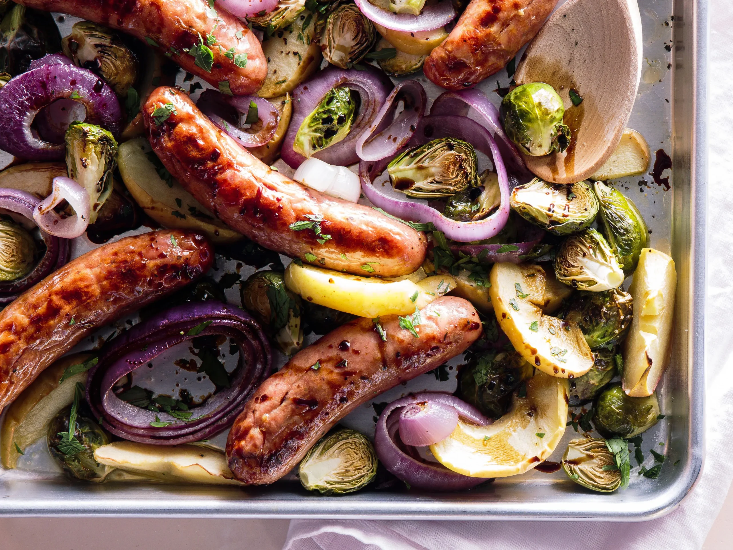 Chicken Sausage Kalette and Red Onion Sheet Pan Supper