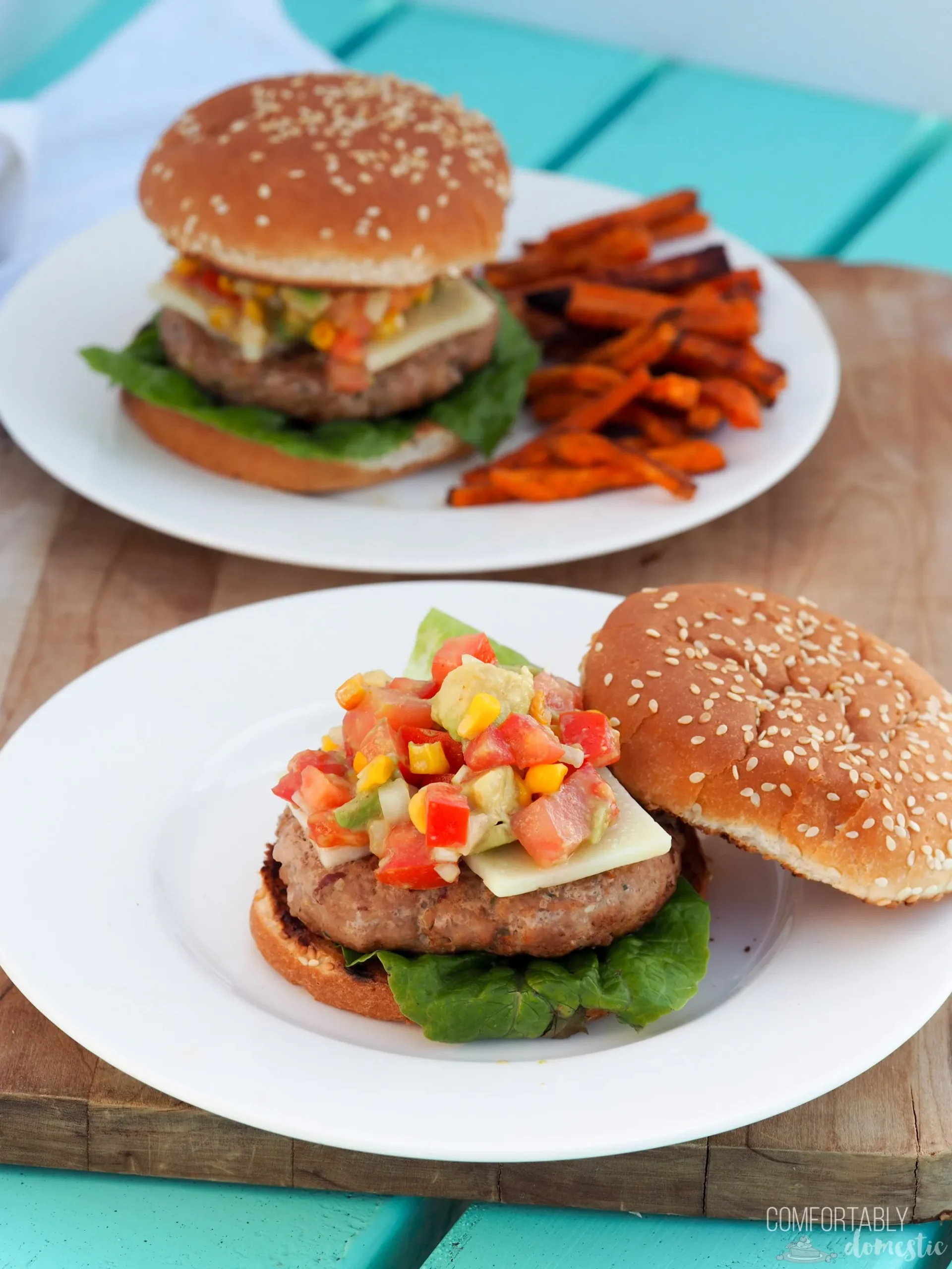 Chipotle Cheddar Turkey Burgers with Avocado Crema