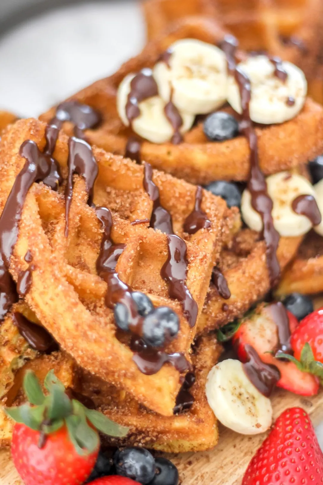 Churro Waffles with Chocolate Strawberry Caramel Dipping Sauce