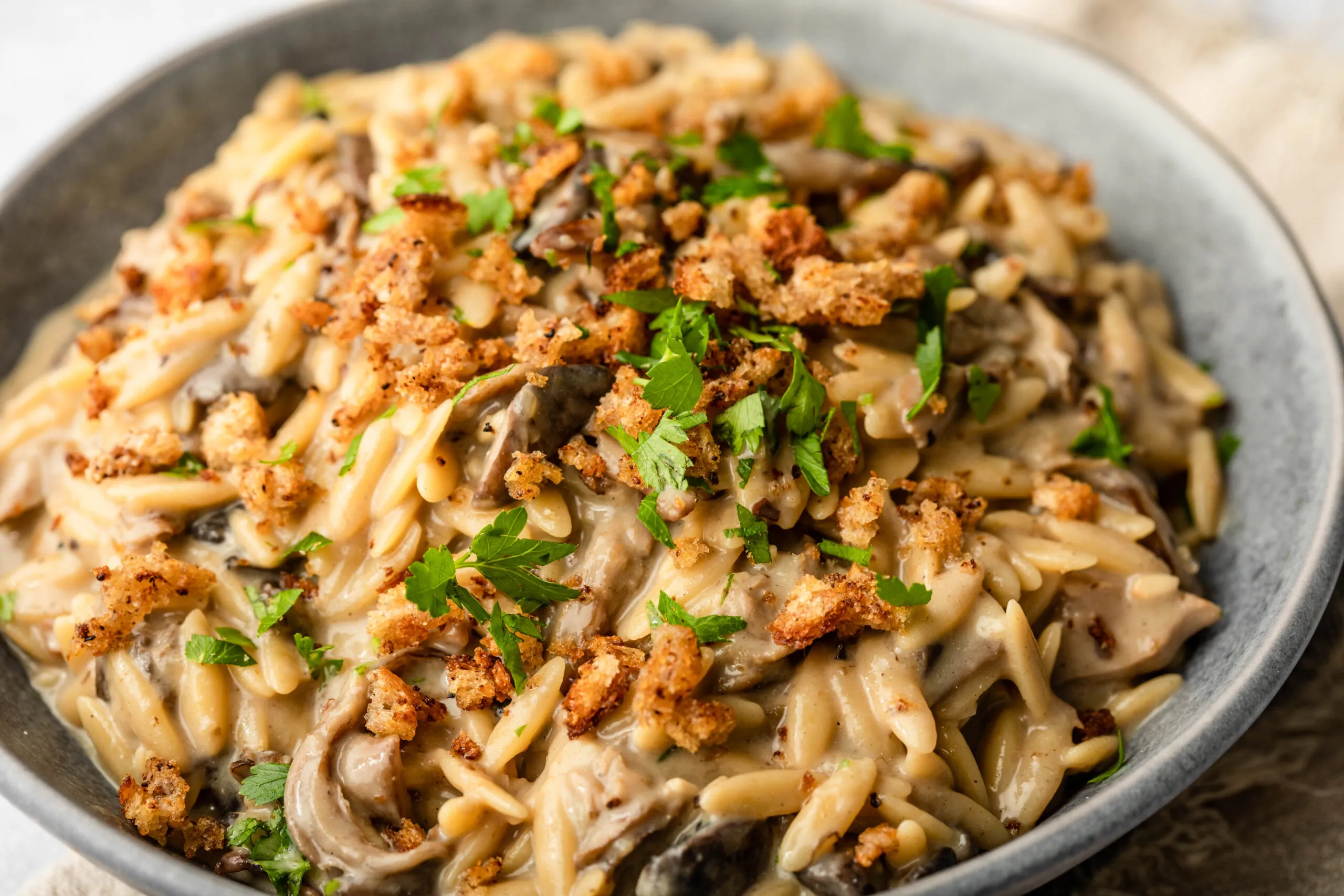 Creamy Garlic Mushroom Orzo Bakes