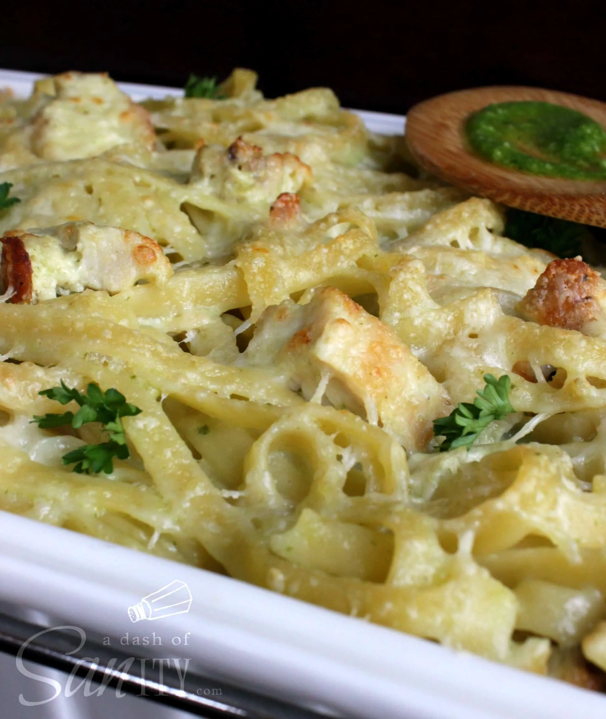 Creamy Pesto Alfredo Chicken Fettuccine Bake