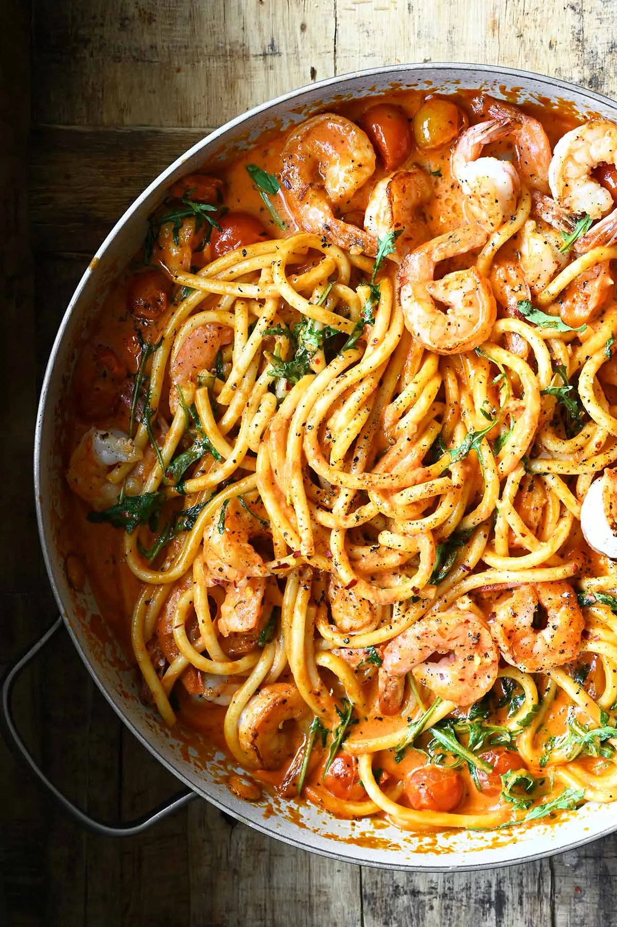 Creamy Shrimp Pasta with Tomatoes and Arugula