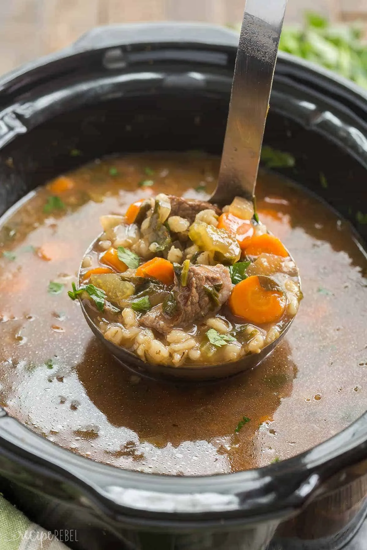 Crock Pot Beef and Barley Soup with Mushrooms