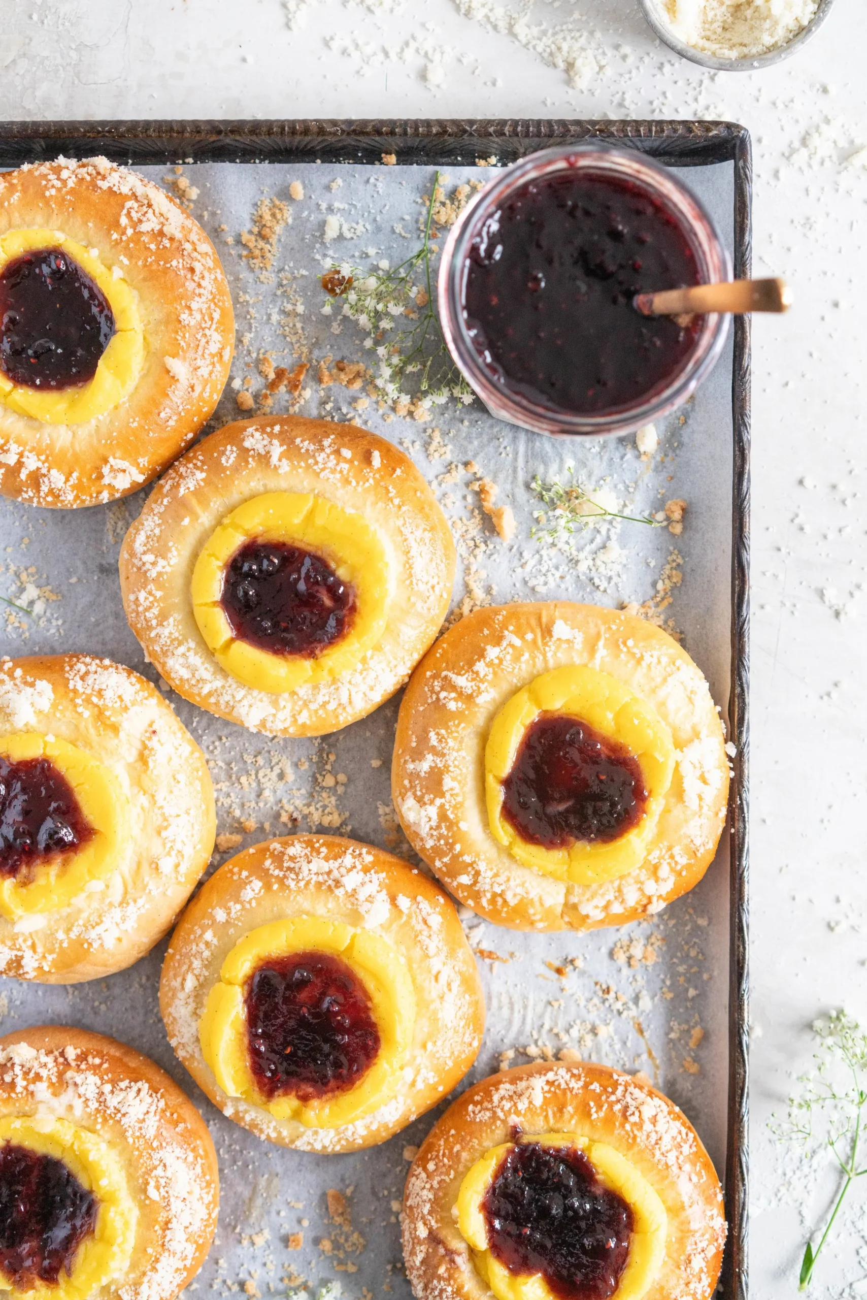 Custard Brioche Buns with Bonne Maman Mixed Berry Preserves and Vanilla Bean Streusel