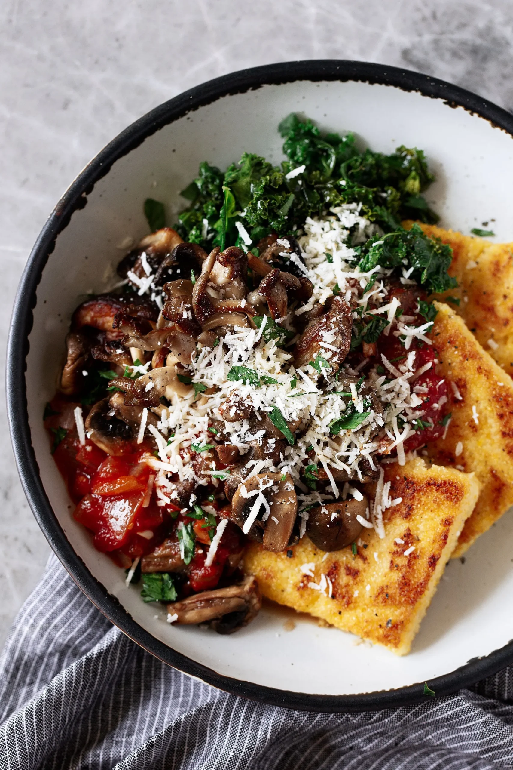 Eggy Crispy Polenta with Tomatoes and Mushrooms