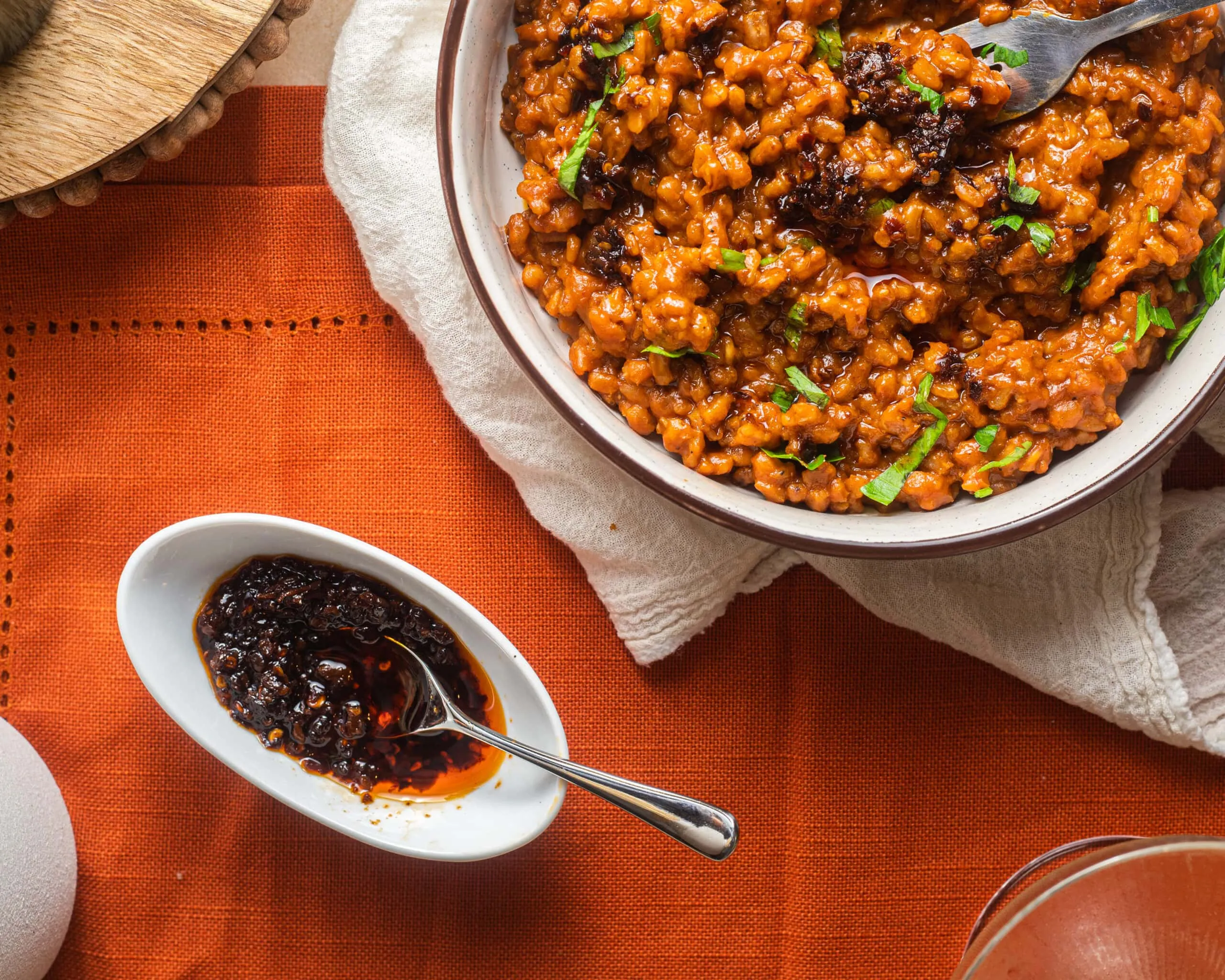 Farrotto (Farro Risotto) with Roasted Honeynut Squash and Chili Oil