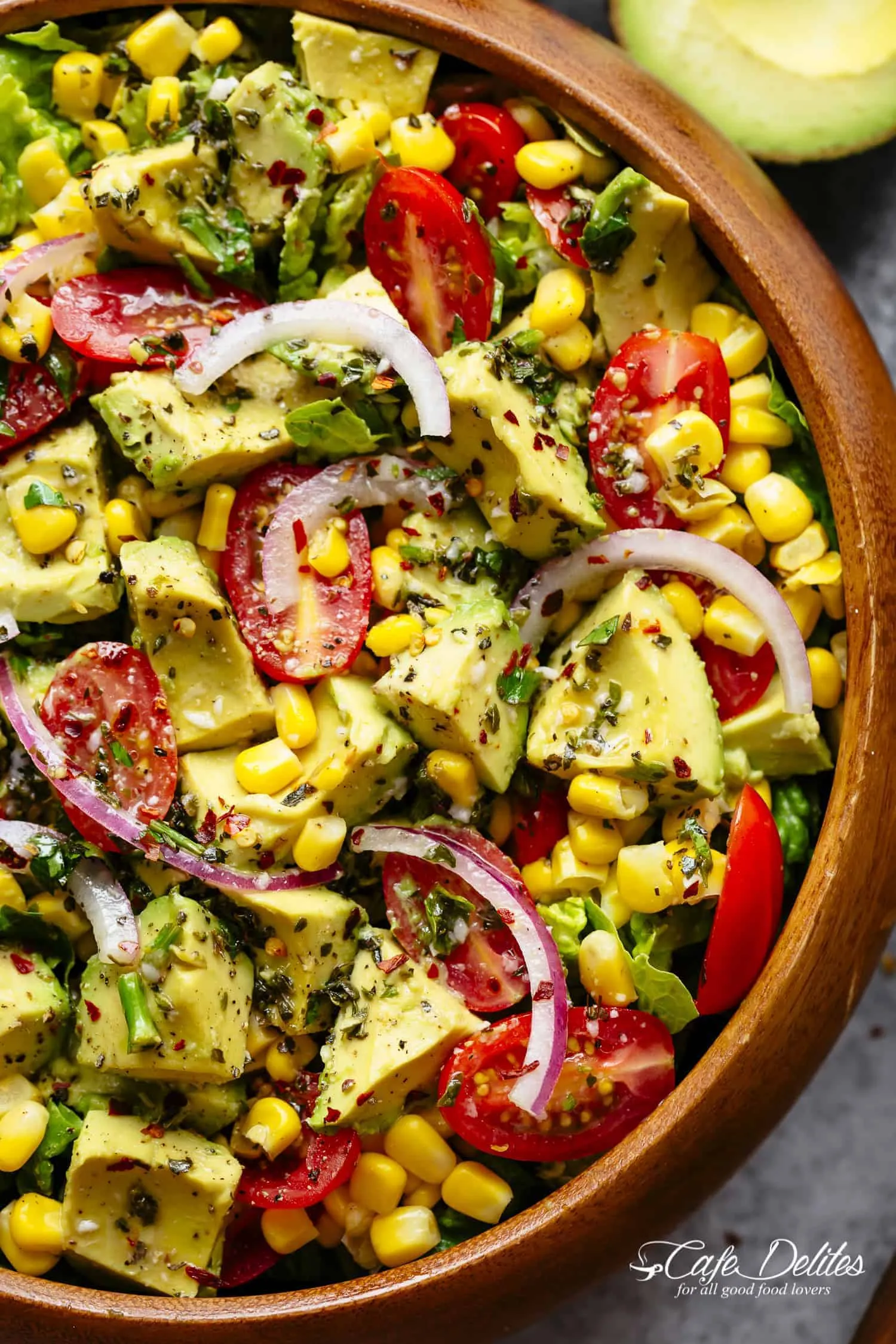 Fresh Corn Tomato and Avocado Salad with Chili Lime Vinaigrette