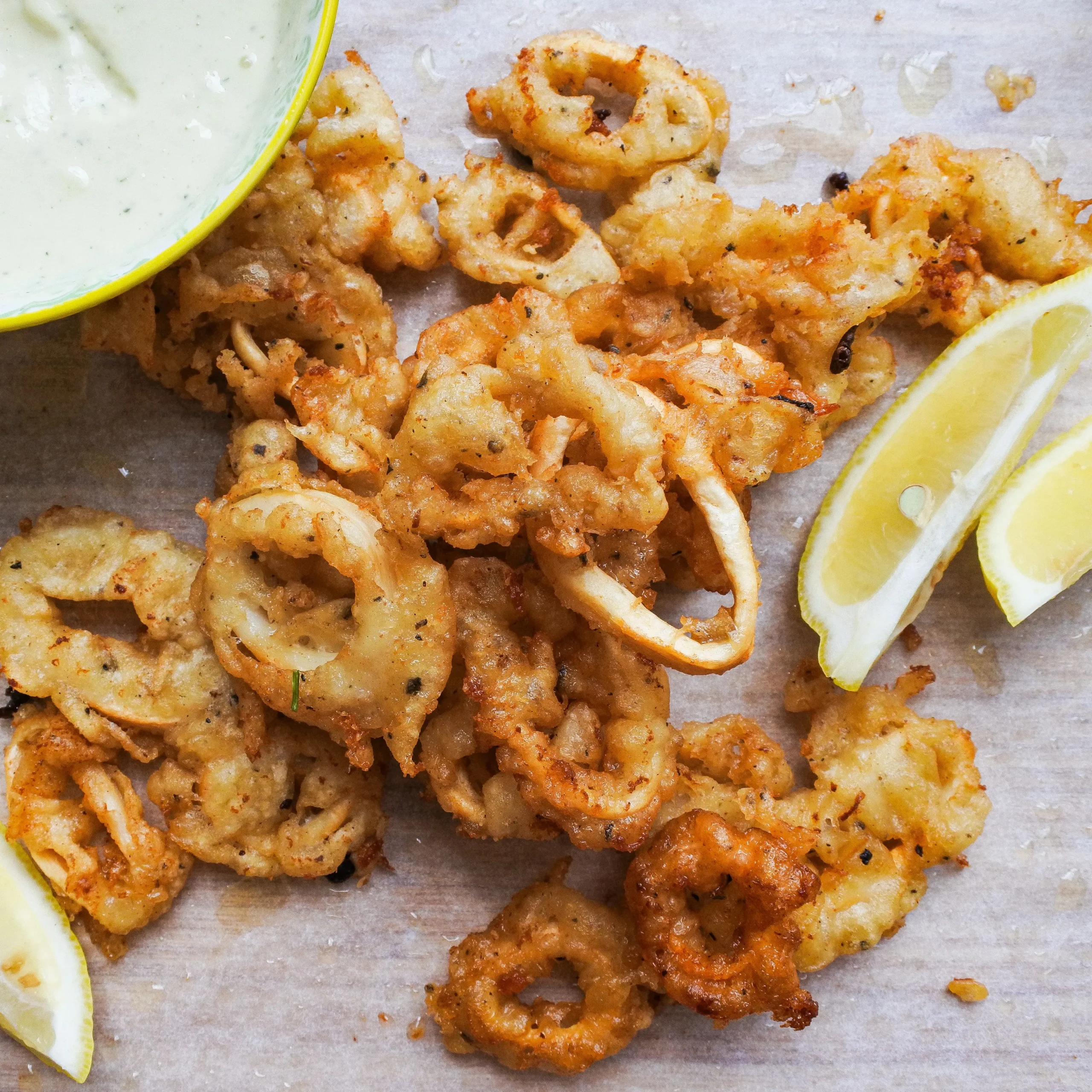 Fried Calamari with Rouille, Cherry Peppers, and Lemon