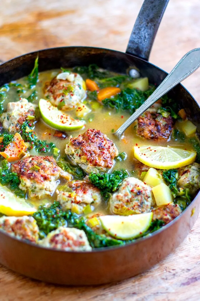 Garlic Habanero Chicken Meatballs with Kale Polenta