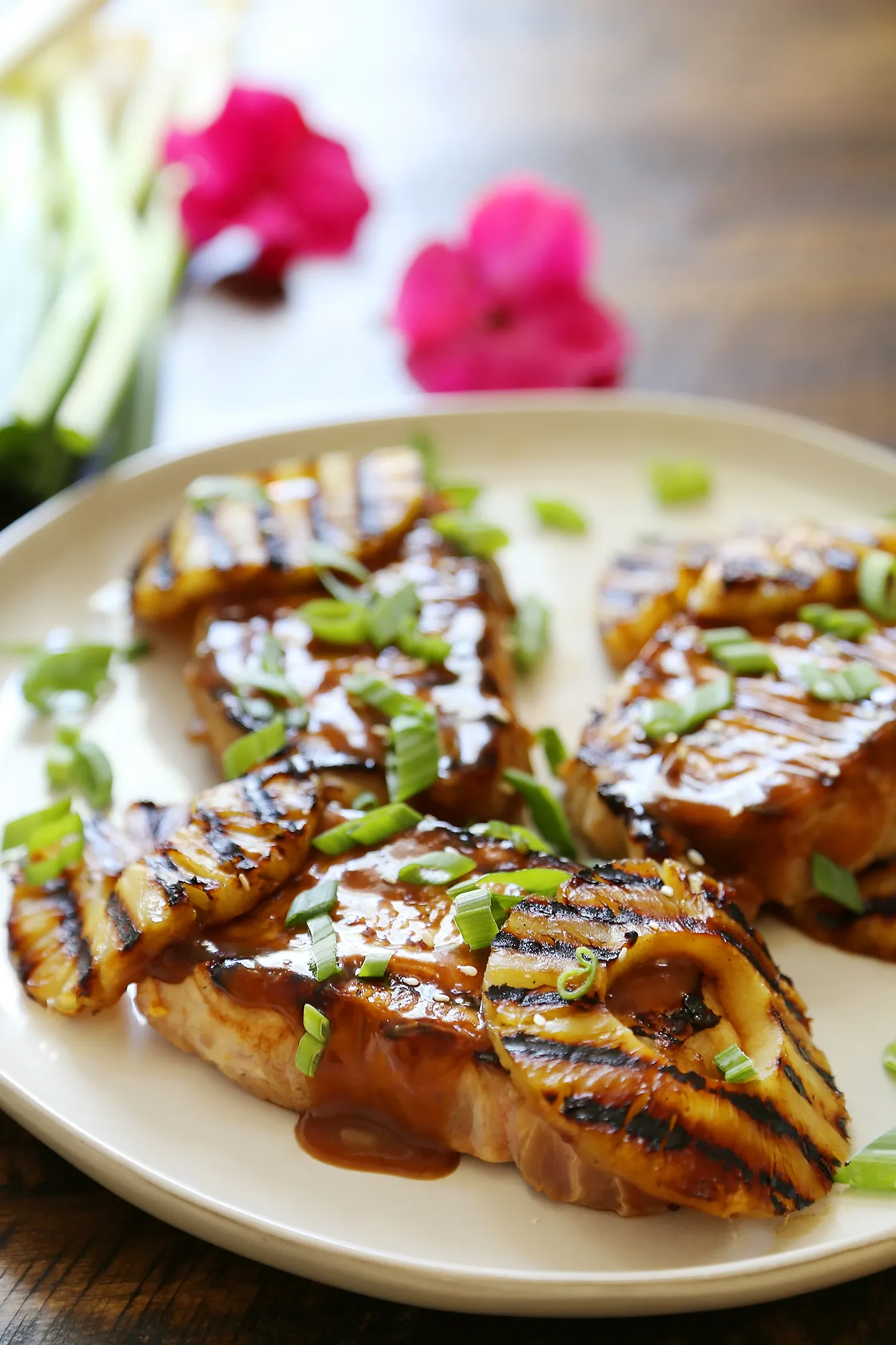 Grilled Hoisin Marinated Pork Chops with Pineapple Grilled Green Onion Relish