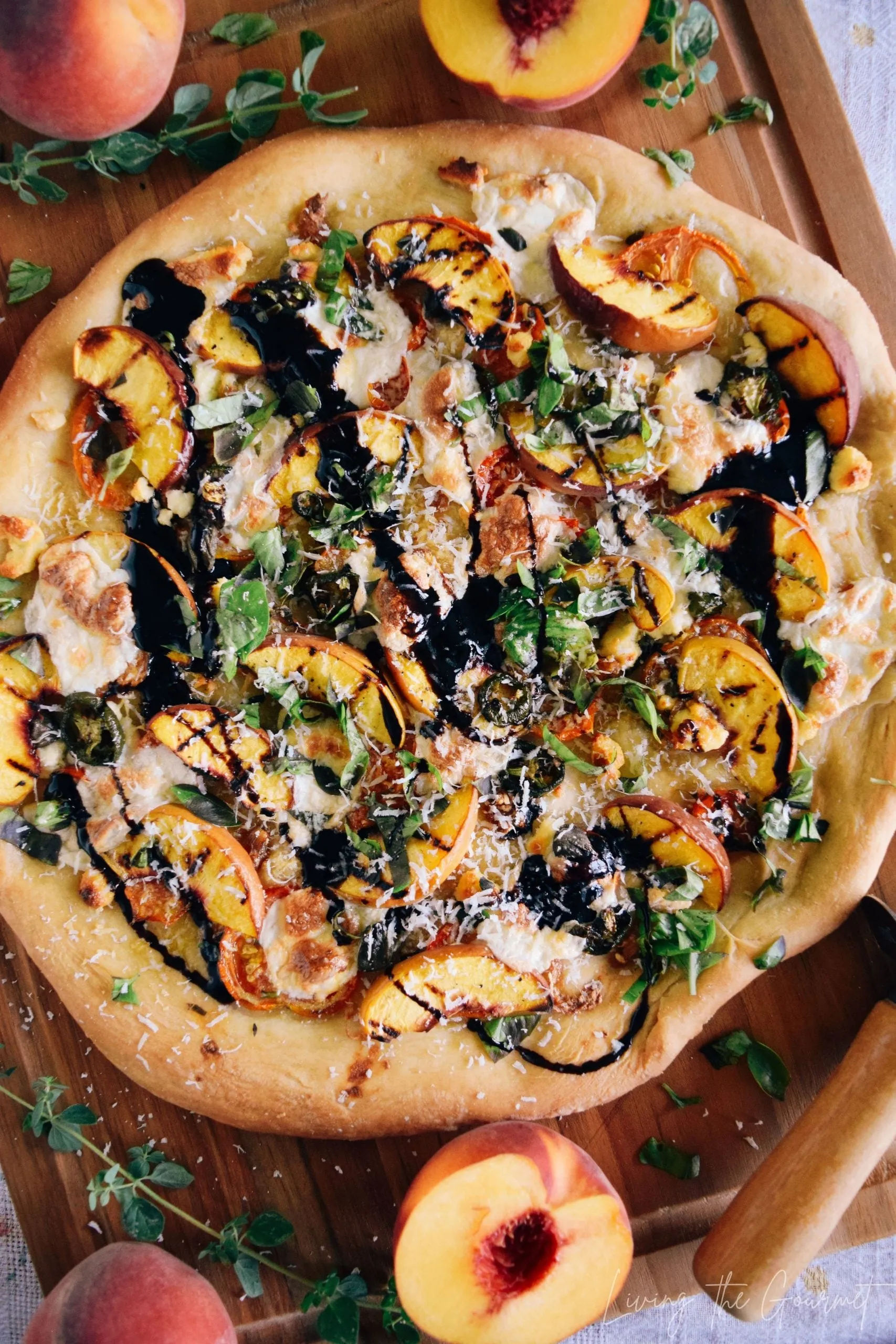 Grilled Peach Basil Goat Cheese Pizza