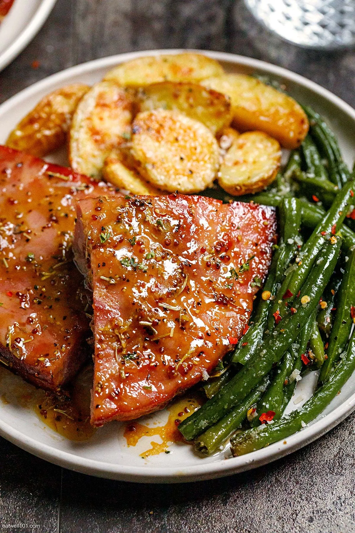 Ham Steak with Mashed Sweet Potatoes and Italian Green Beans