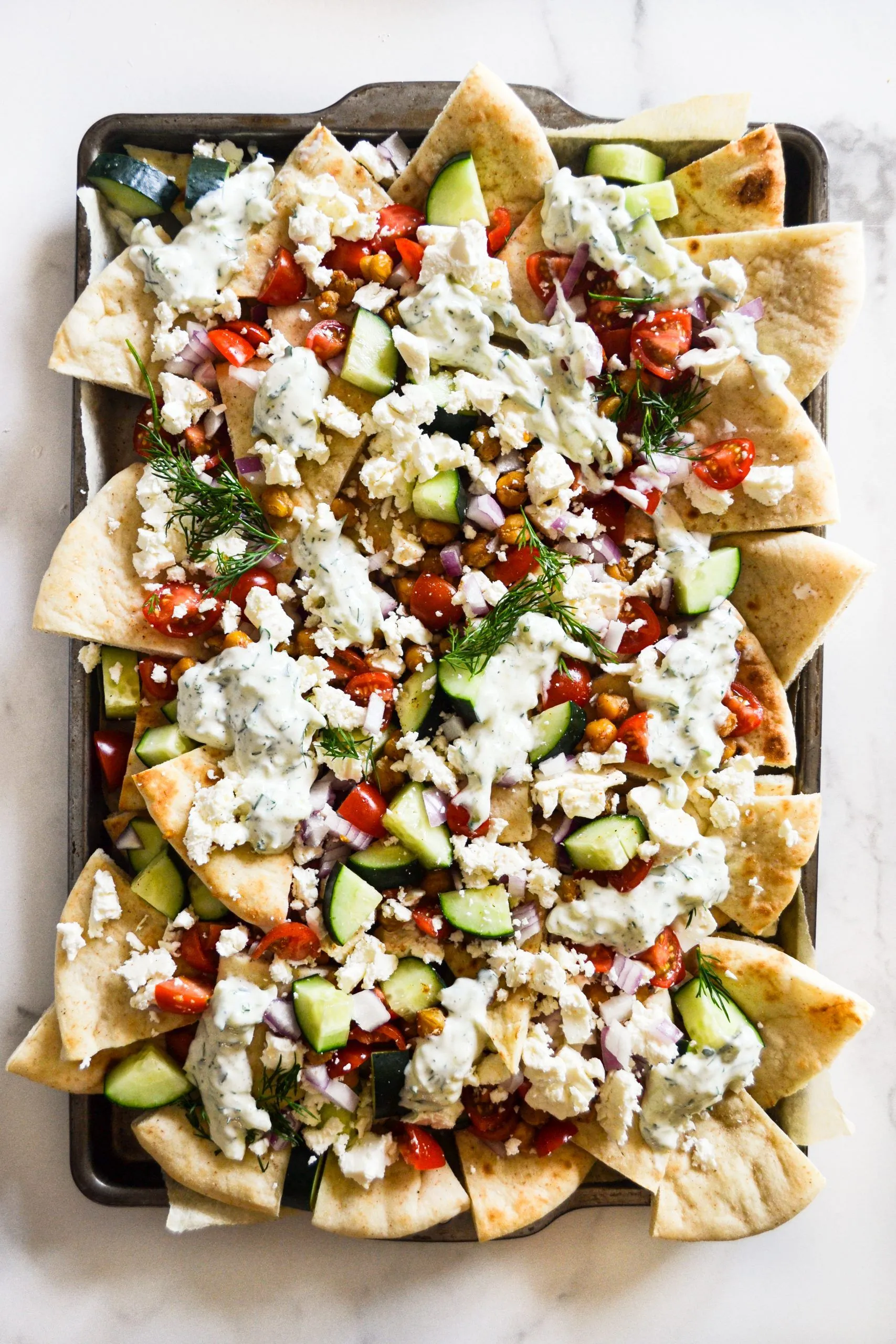 Loaded Greek Goddess Chickpea Quinoa Pita Chip Nachos
