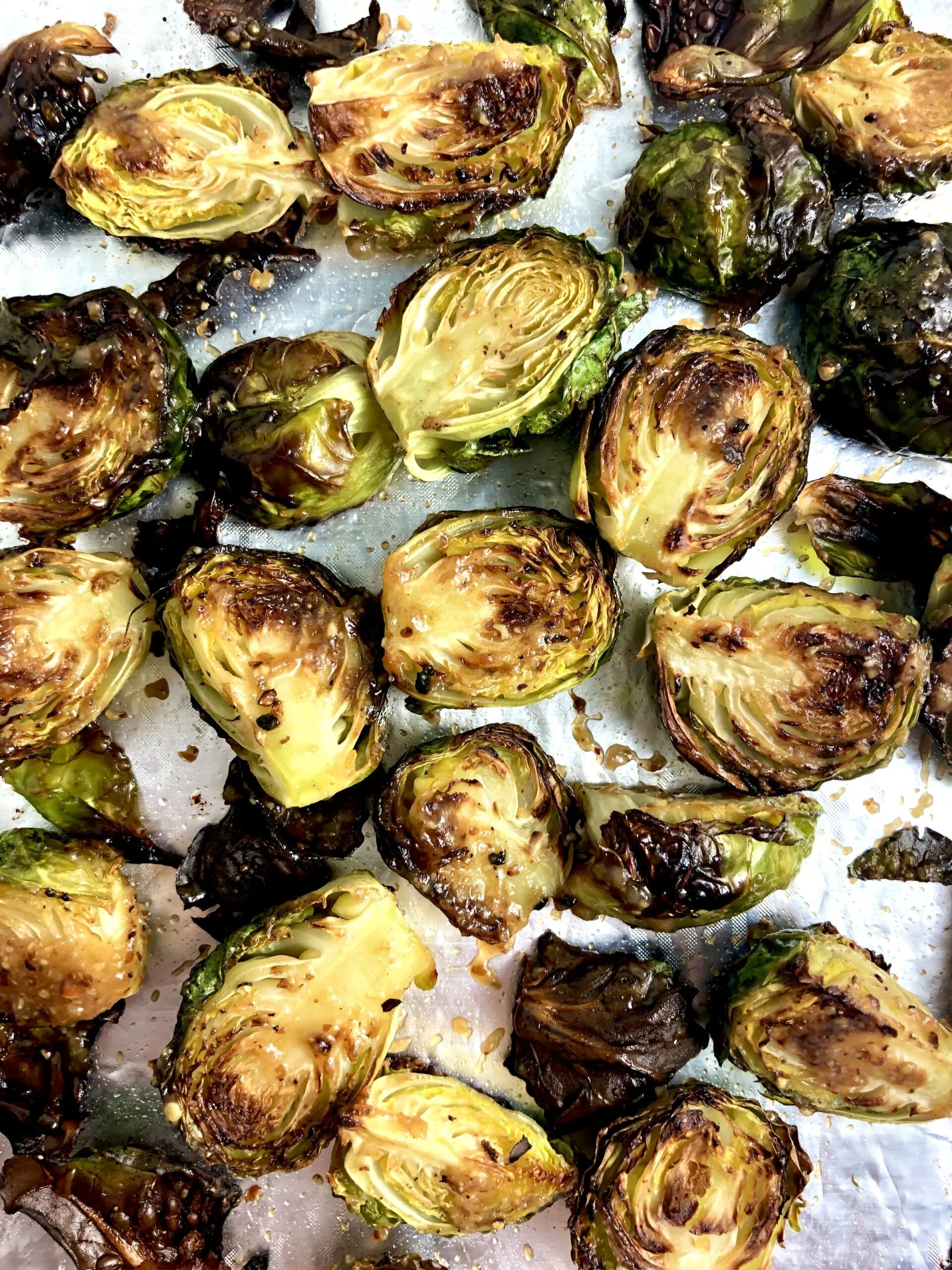 Maple Dijon Roasted Brussels Sprouts with Toasted Walnuts Parmesan