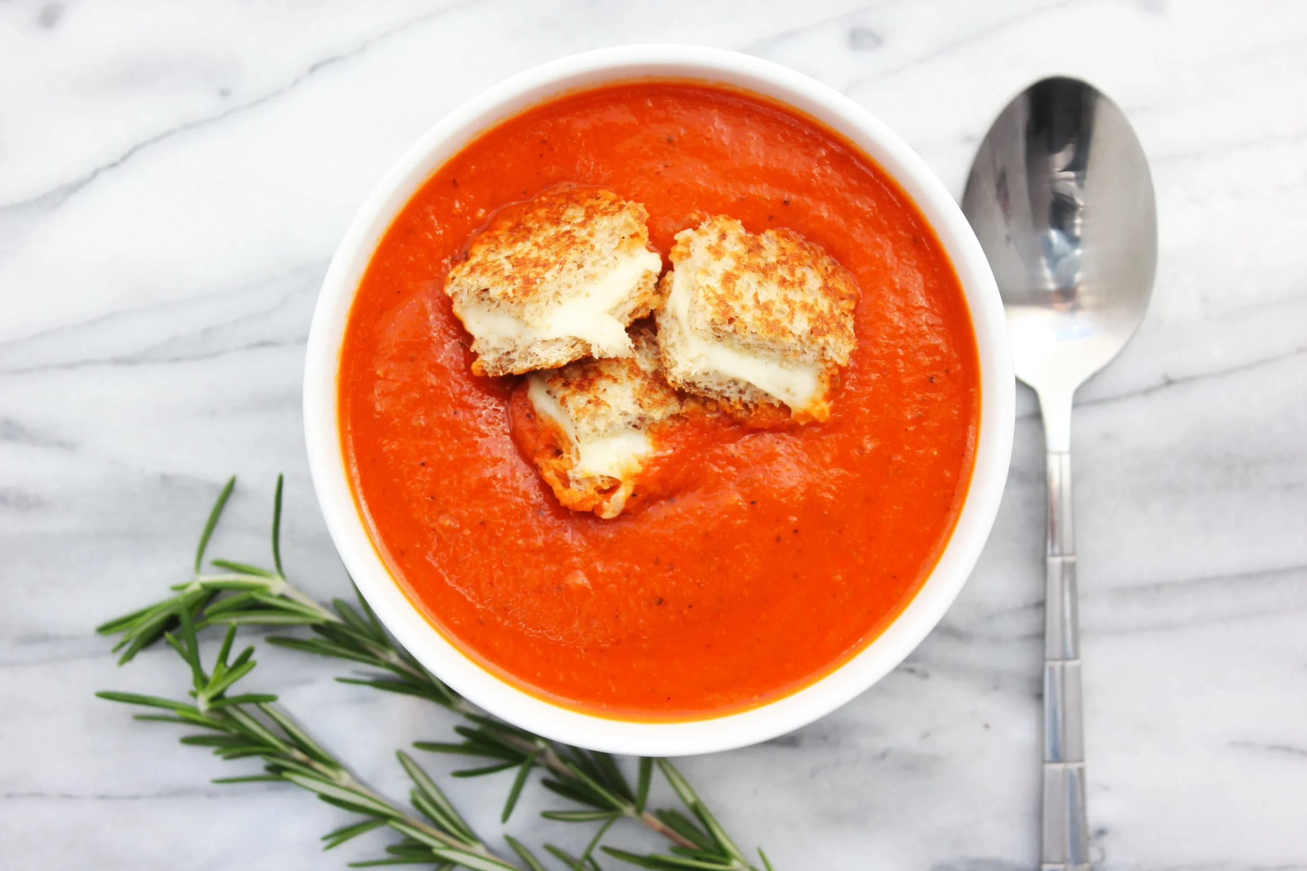 Mini Grilled Cheese Croutons Roasted Red Pepper Soup