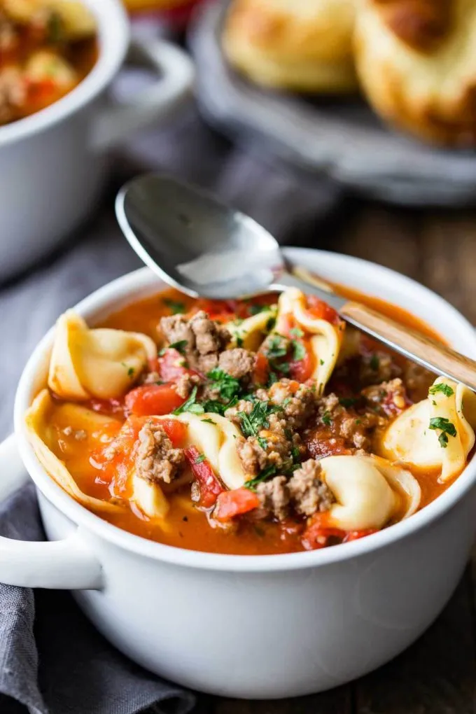 One Pot Beefy Tomato Tortellini Soup