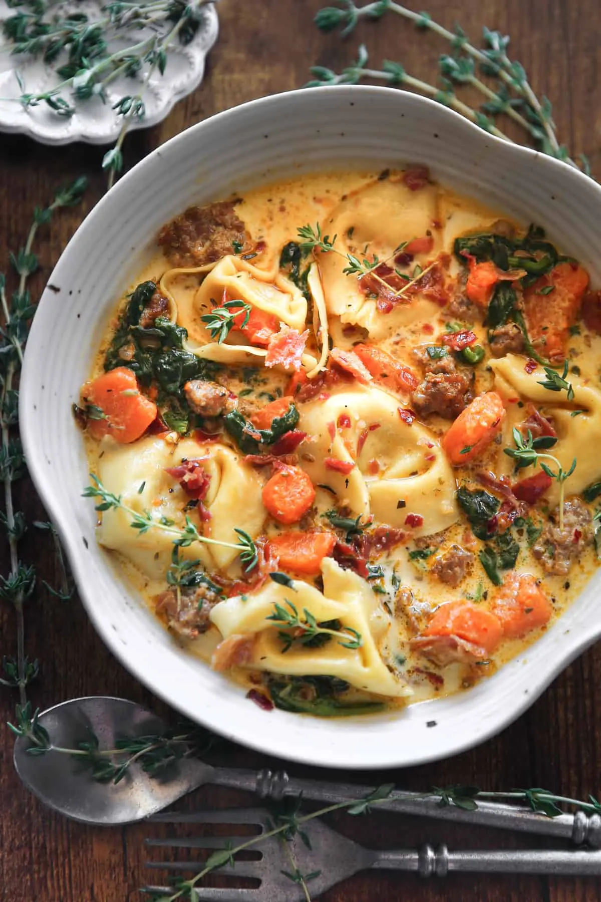 One Pot Creamy Spicy Sausage and Tortellini Soup