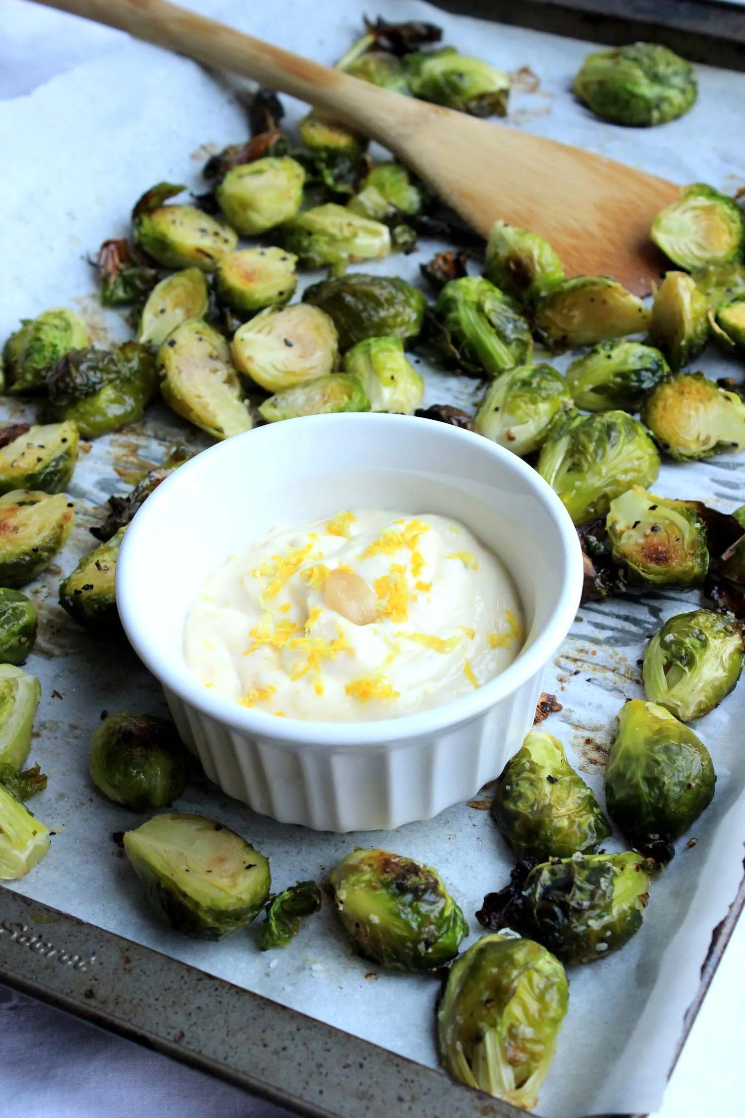 Oven Roasted Brussels Sprouts with Lemon Aioli