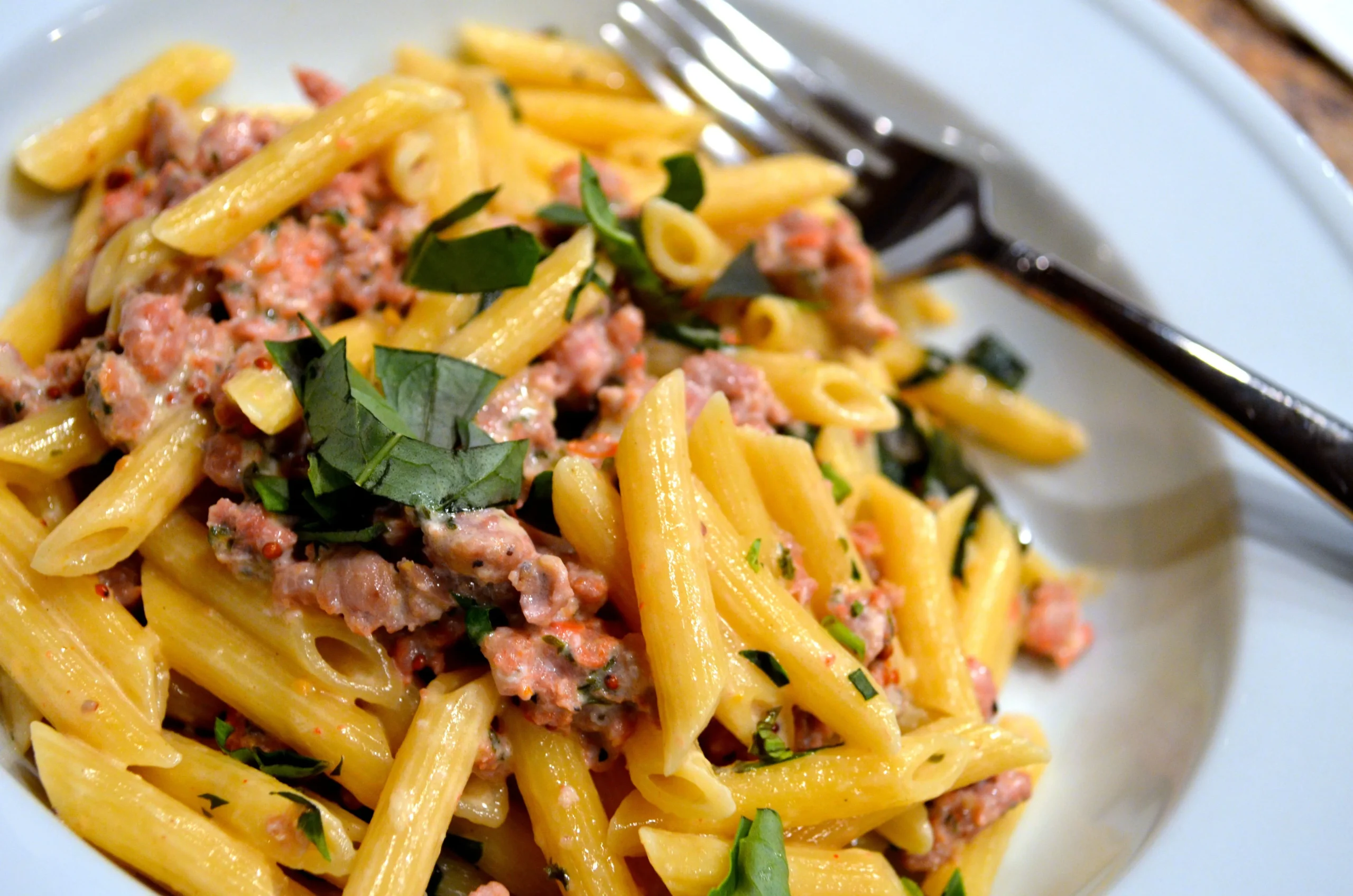 Pasta with Sausage Basil Mustard