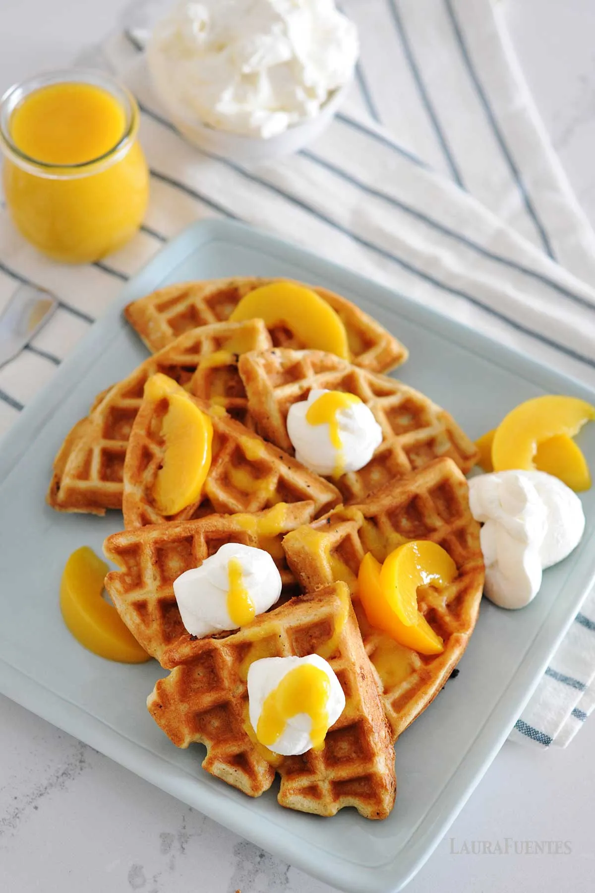Peaches and Cream Stuffed Waffles with Cream Cheese Syrup