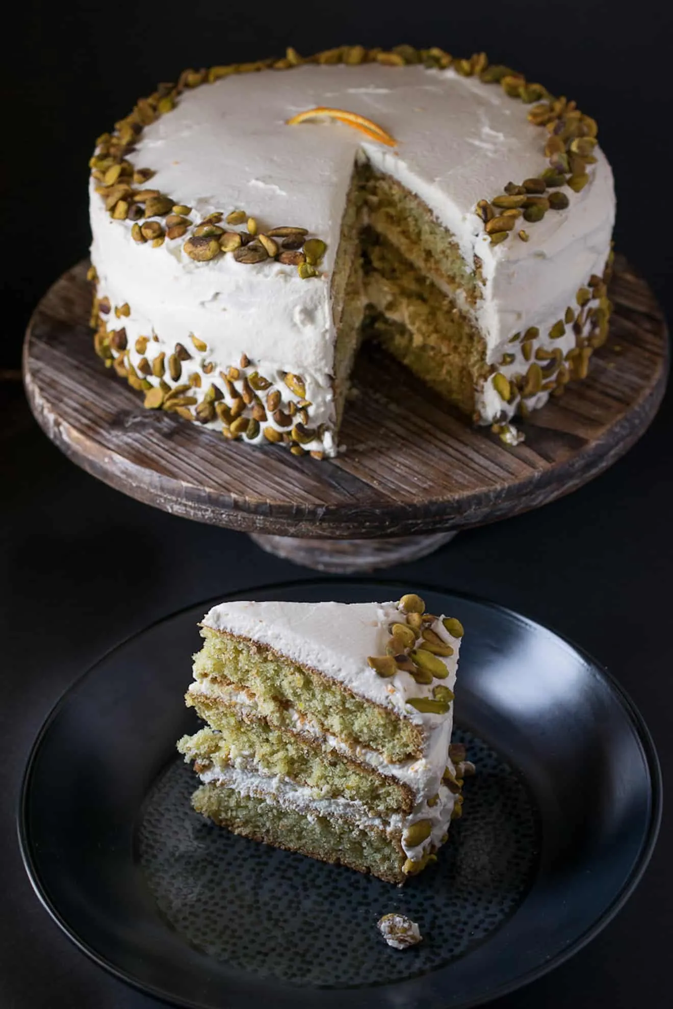 Pistachio Layer Cake with Orange Cream Frosting