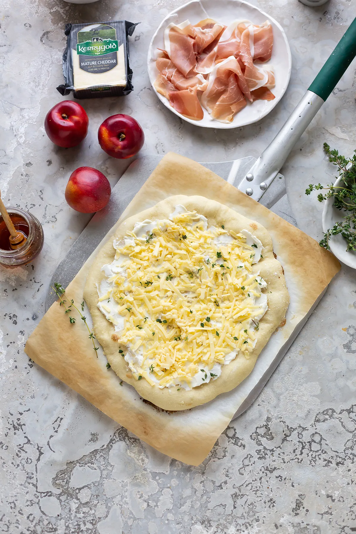 Pizza Bianco with Prosciutto, Nectarines, Thyme, Honey