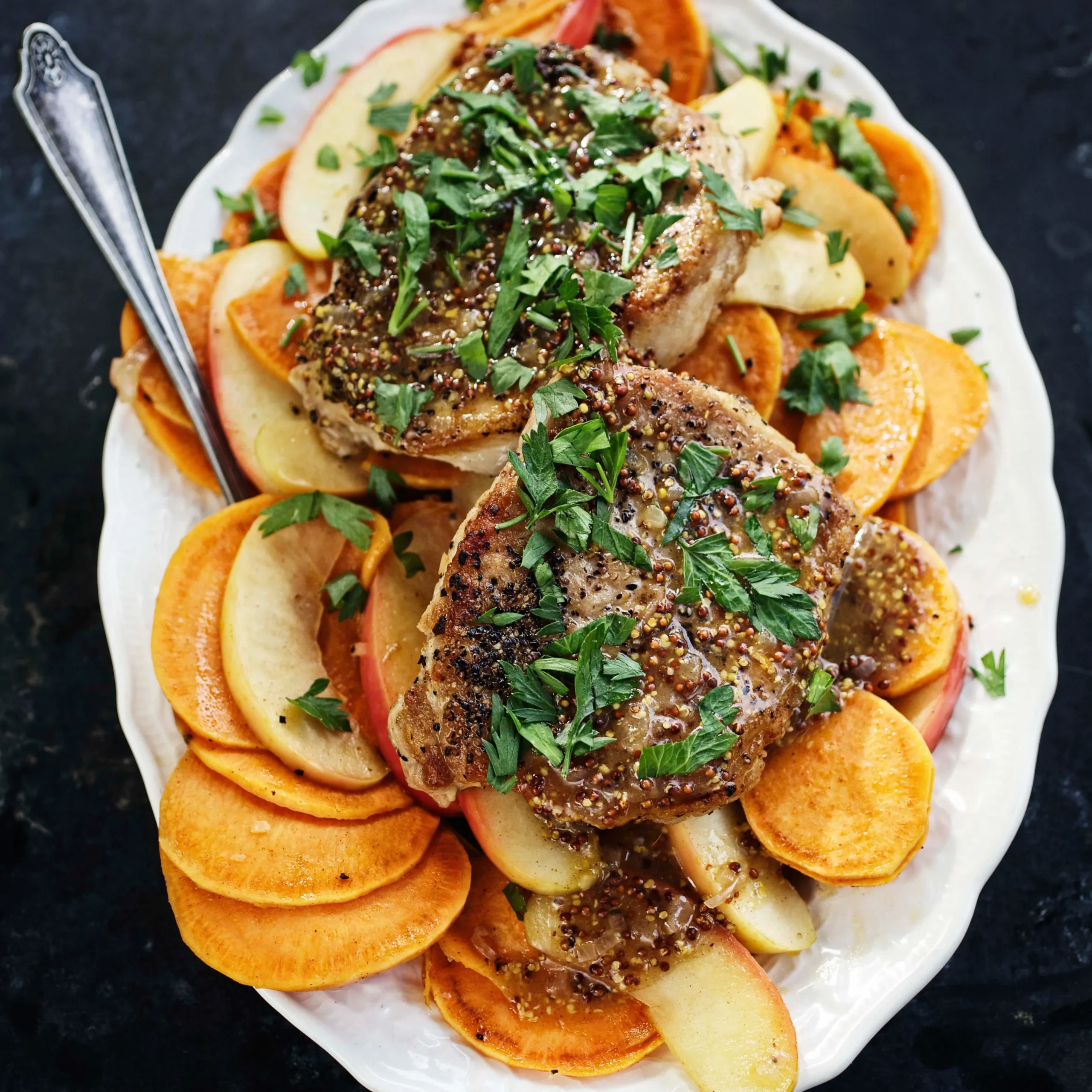 Pork Chops and Apples in Mustard Sauce