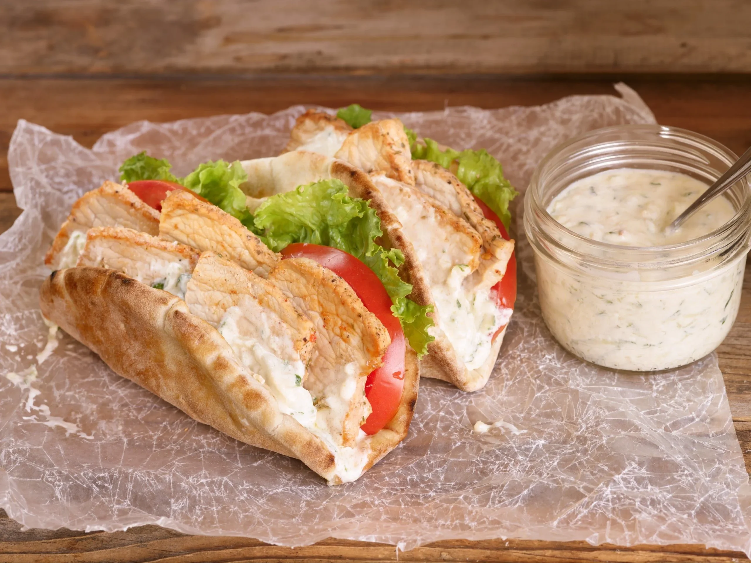 Pork Gyros with Tzatziki and Sweet Chili Sauce