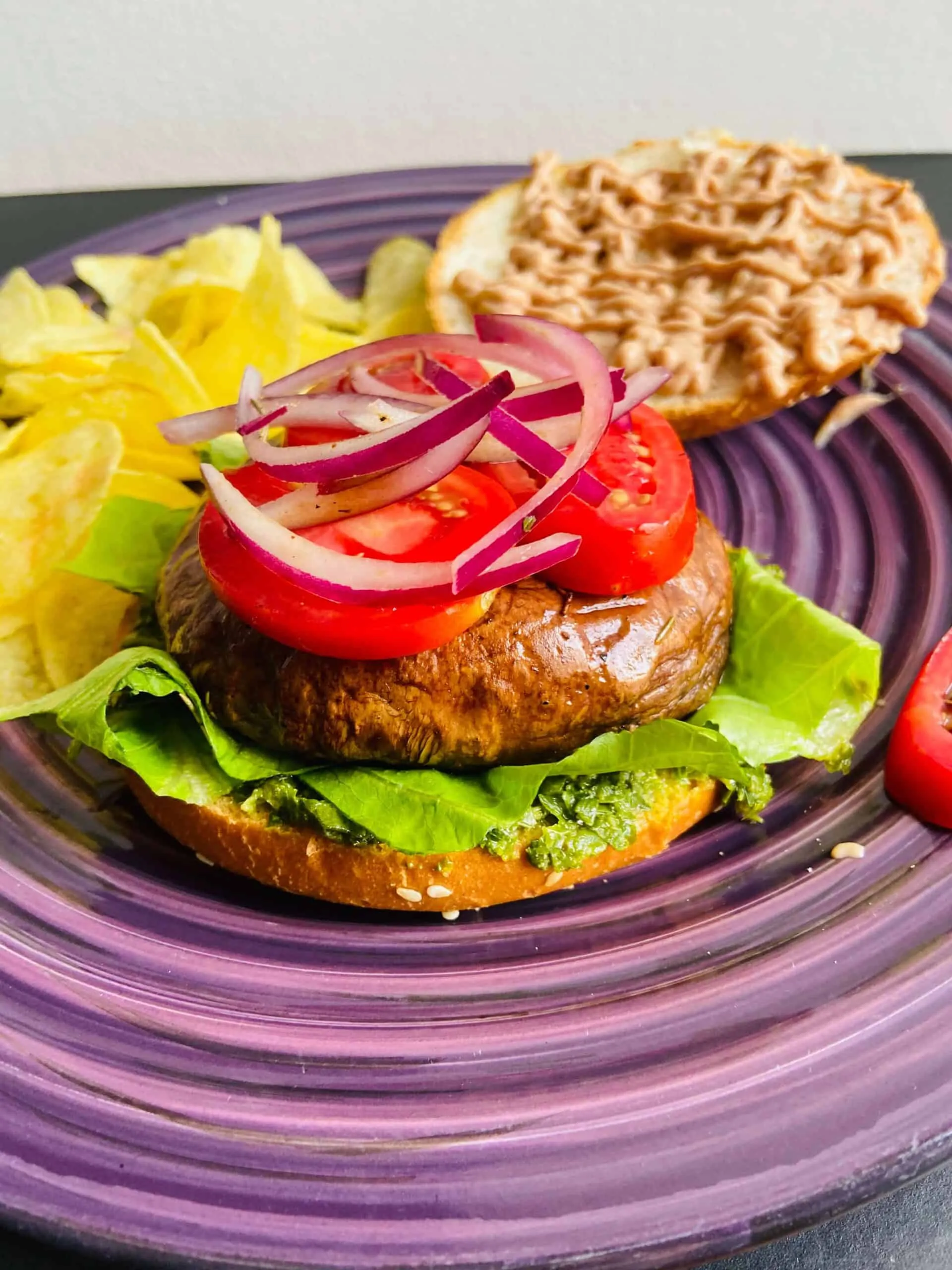 Portobello Mushroom Burger with Mozzarella and Pesto Mayo