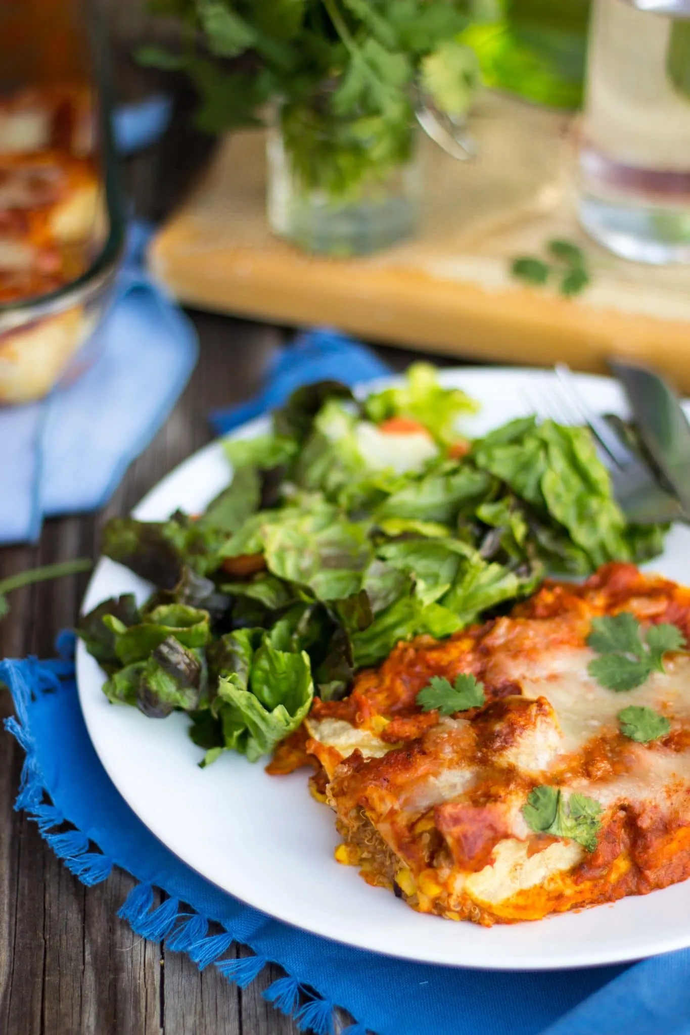Quinoa Black Bean Green Chili Enchiladas with Roasted Red Pepper Enchilada Sauce (GF)