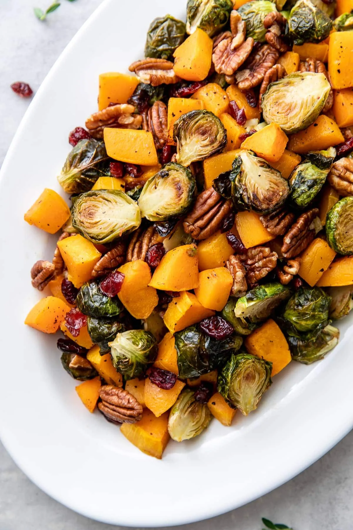 Roasted Brussels Sprouts, Cinnamon Butternut Squash, Pecans, and Cranberries
