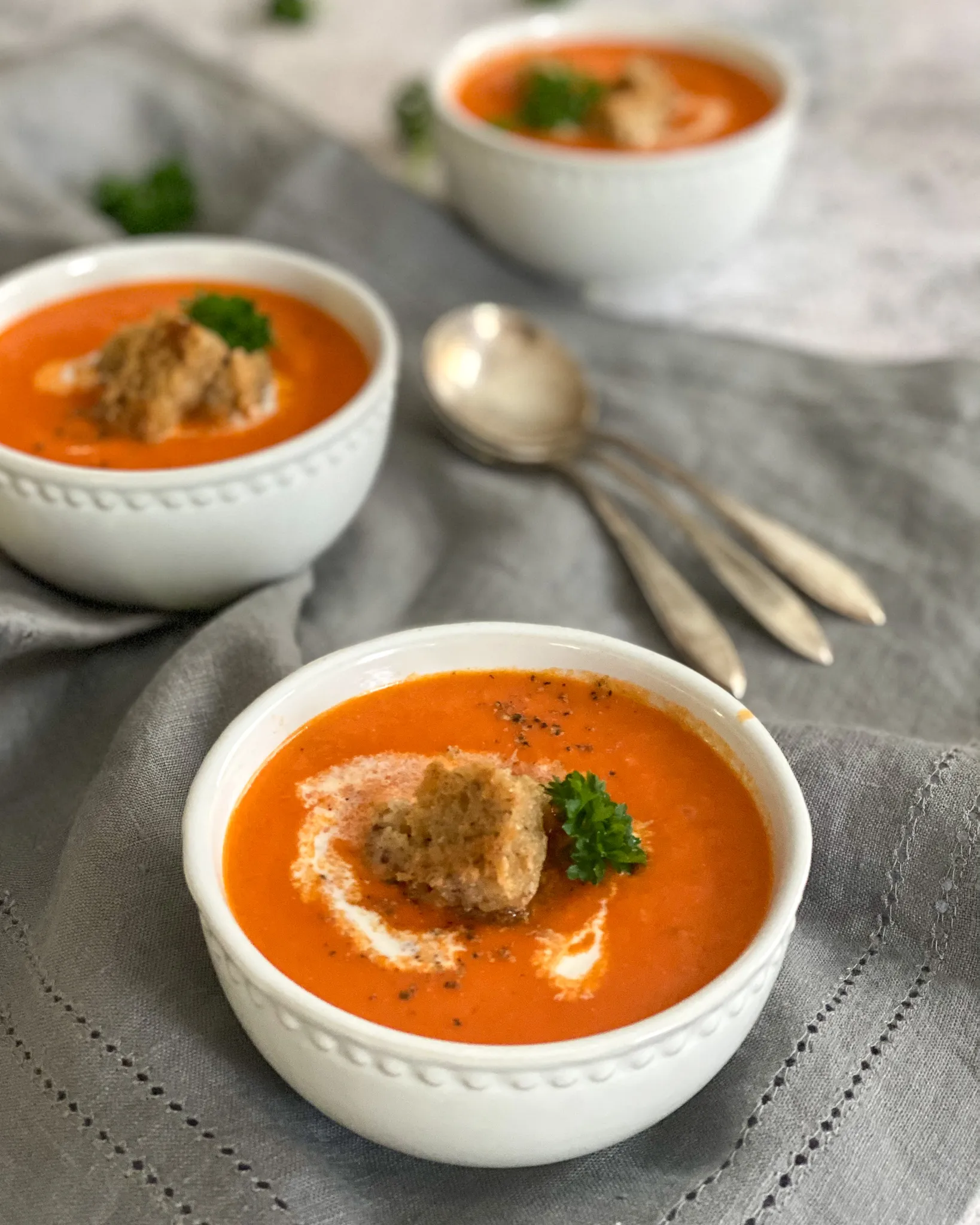 Roasted Yellow Pepper and Roasted Tomato Soup with Cream