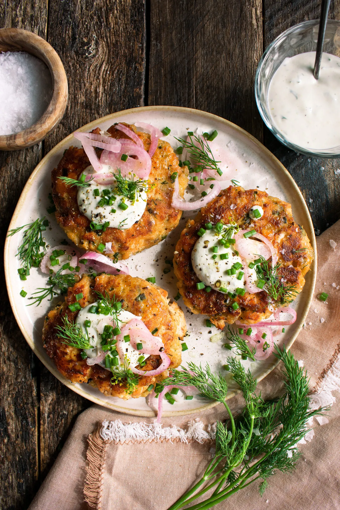 Rye Salmon Cakes with Yogurt Sauce and Pickled Shallots