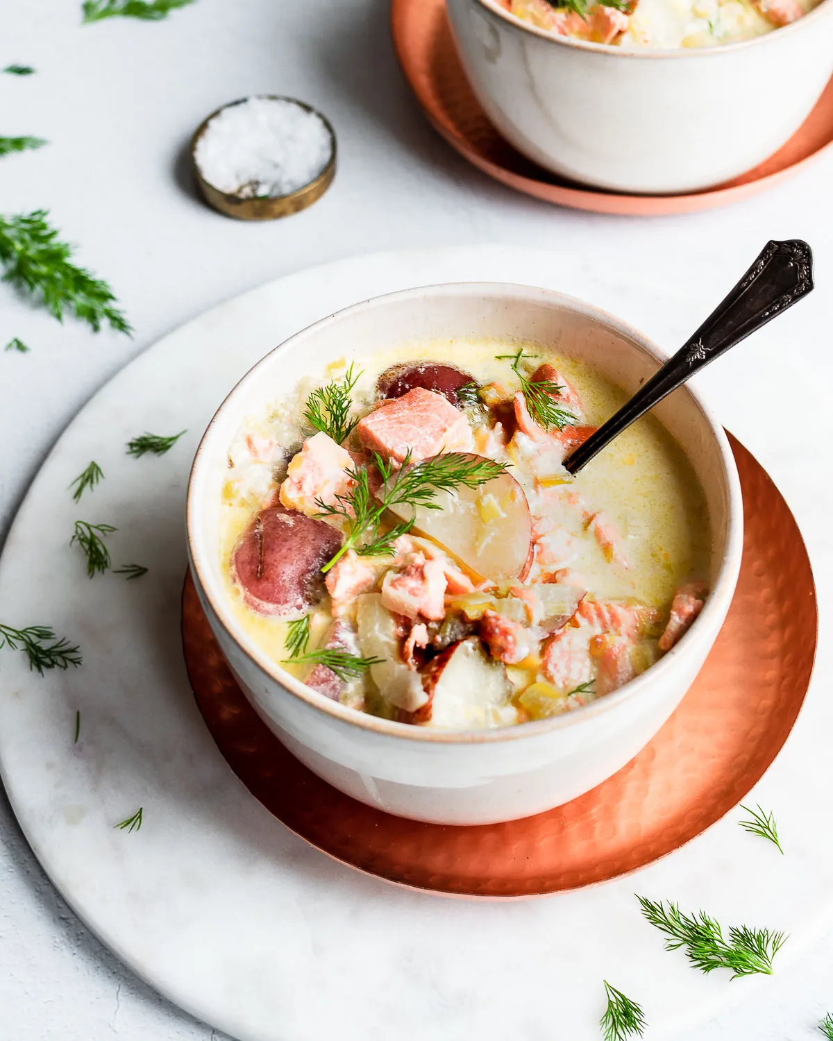 Scallop Chowder with Smoked Salmon, Dill, and New Potatoes
