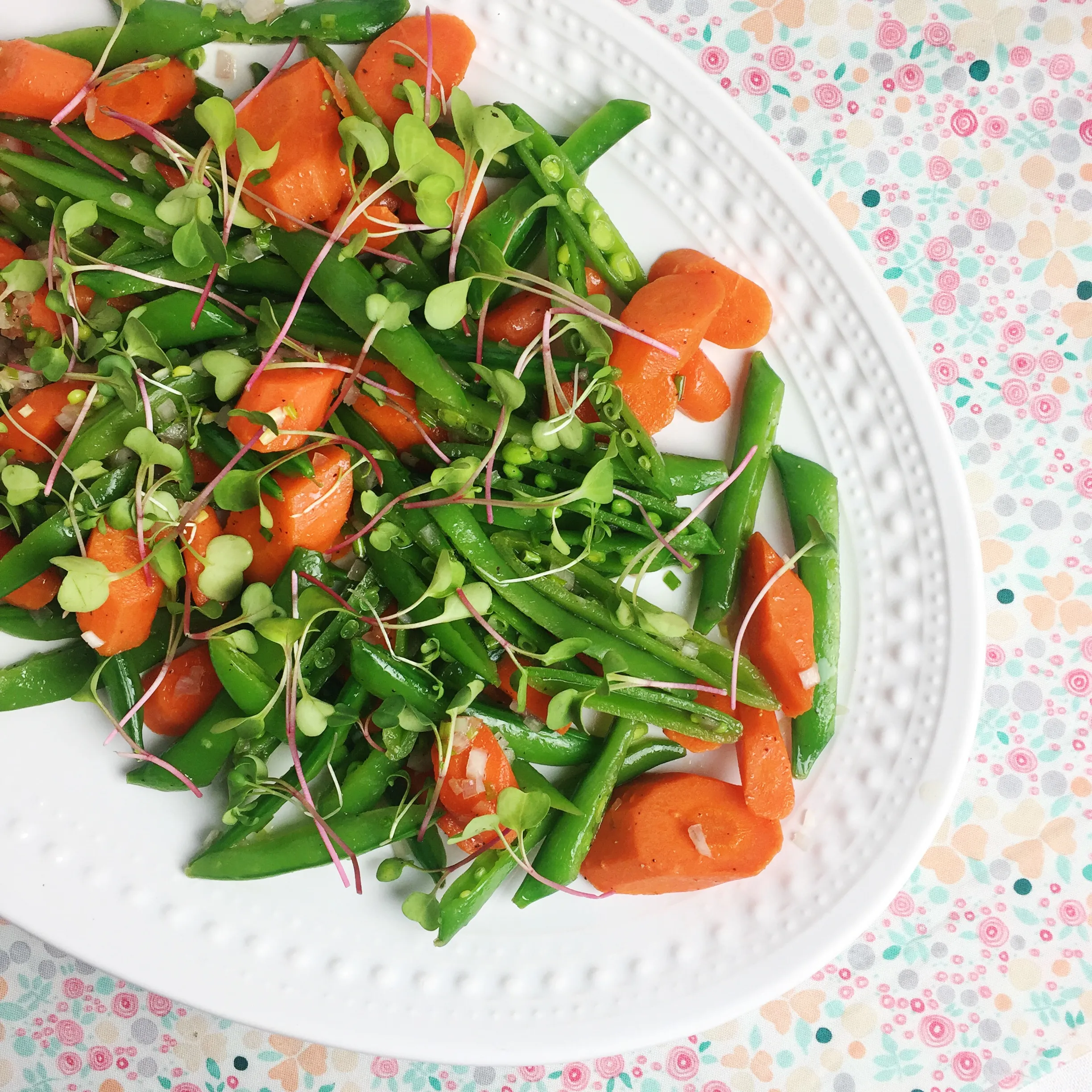 Shaved Carrots Beets and Snap Peas Salad with an Orange Miso Dressing