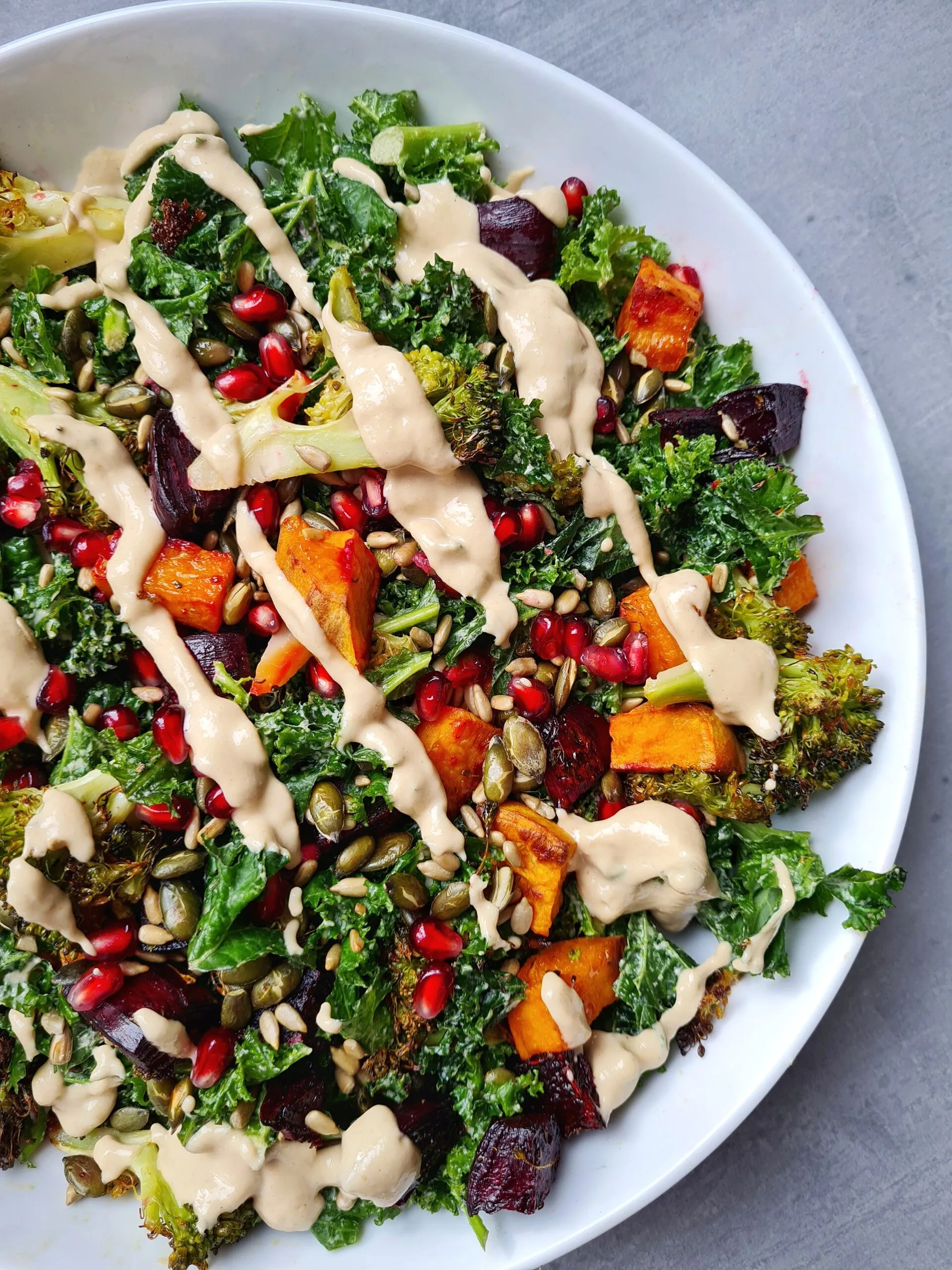Shredded Kale Quinoa Salad with Creamy Tahini Dressing