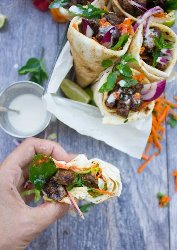 Spicy Harissa Lamb Shoulder Chunks in Pita Cones with Tahini Sauce