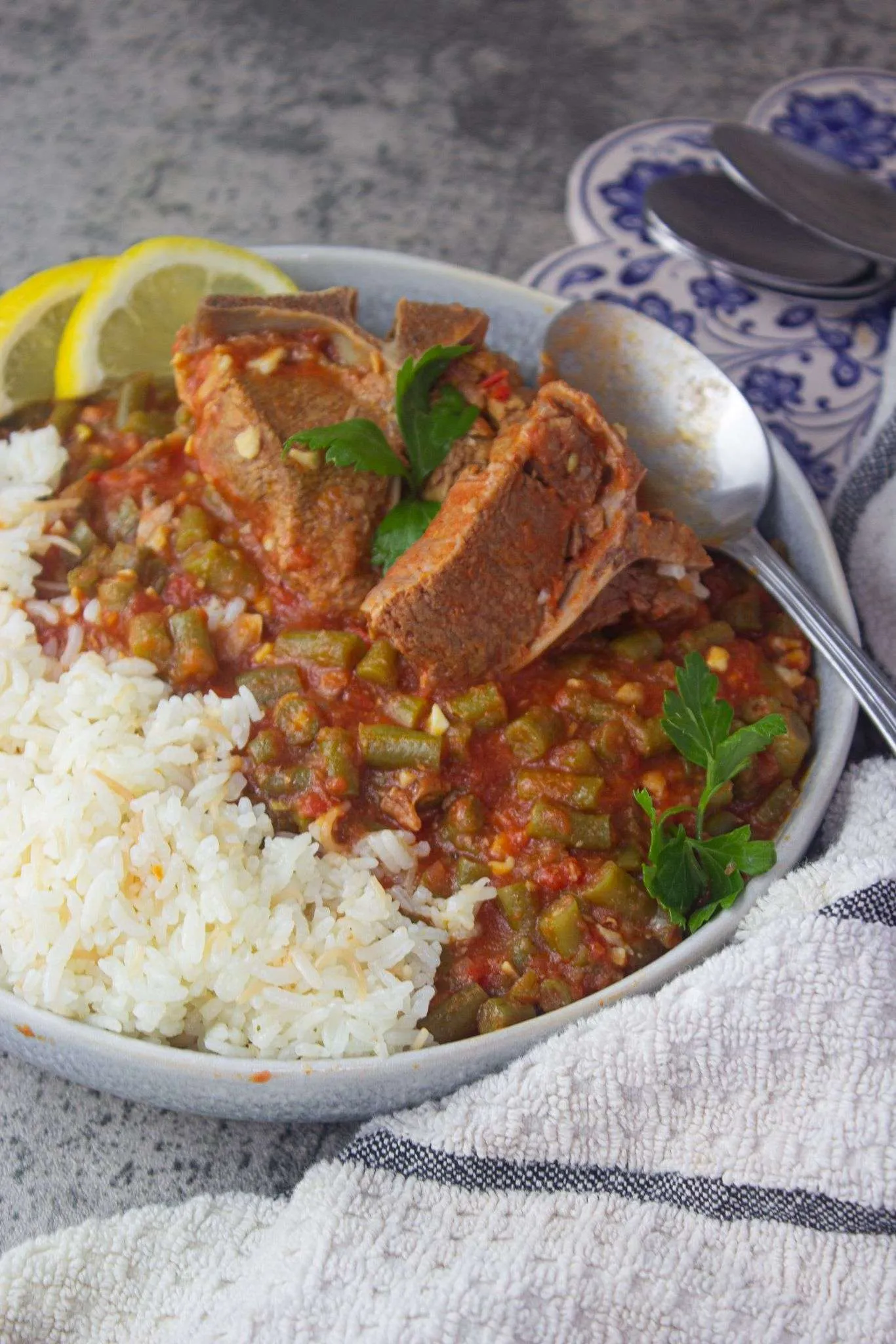 Spicy Lamb Stew with Cracked Green Olives and Orange Rice